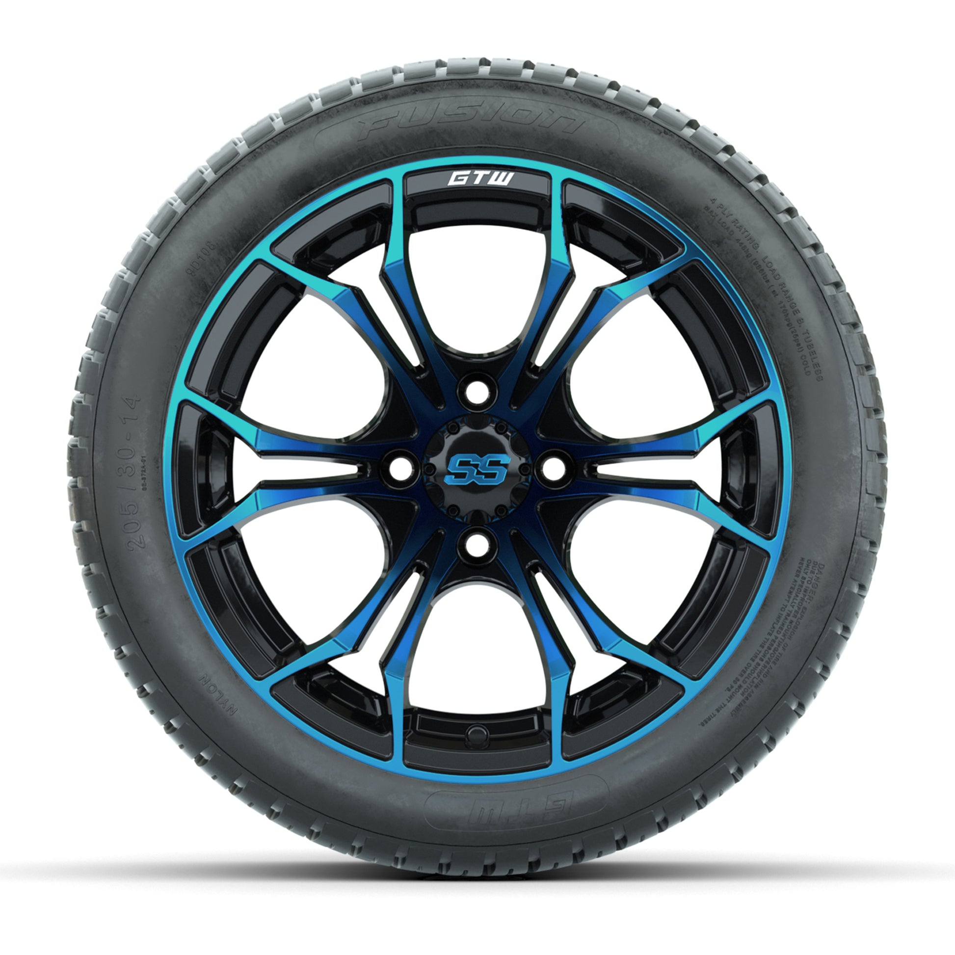 GTW® Spyder Black/Blue 14 in Wheels with 205/30-R14 Fusion Street Tires – Full Set