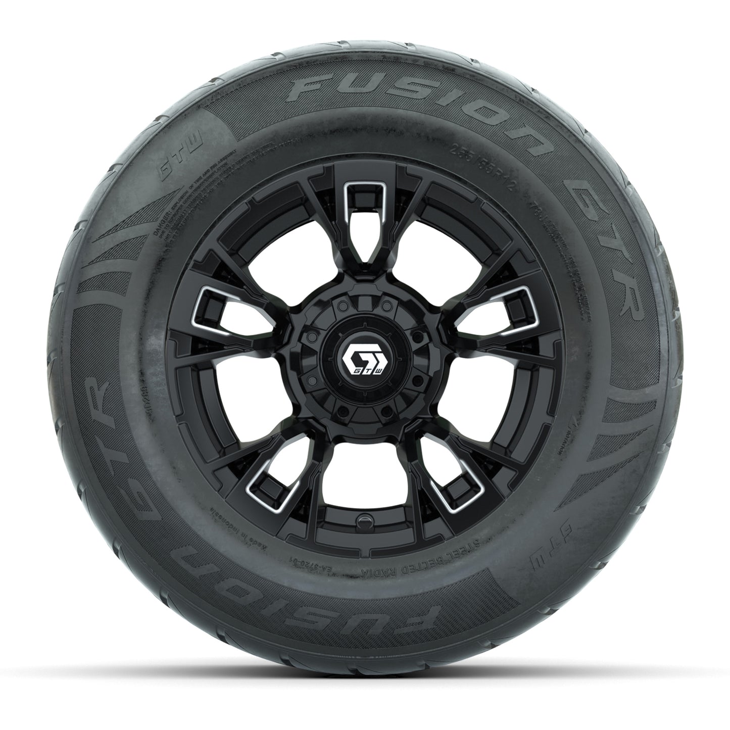 GTW® Vandal Matte Black/Machined 12 in Wheels with 255/55-R12 Fusion GTR Steel Belt Radial Street Tires – Full Set