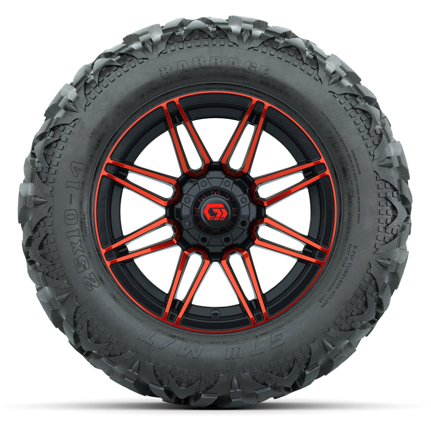 GTW Stealth Red/Machined 14 in Wheels with 25x10-14 Barrage Mud Tires – Full Set