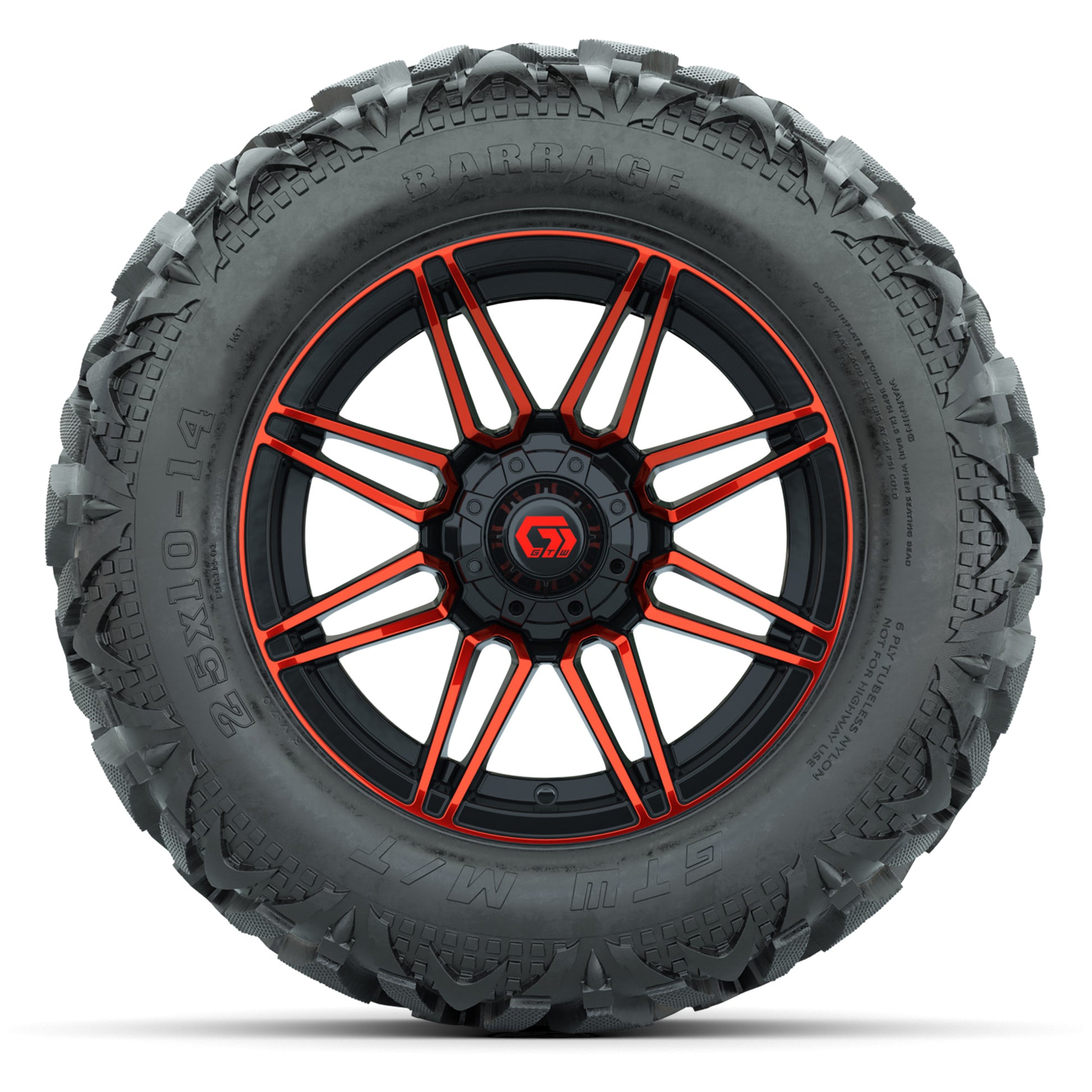 GTW Stealth Red/Machined 14 in Wheels with 25x10-14 Barrage Mud Tires – Full Set