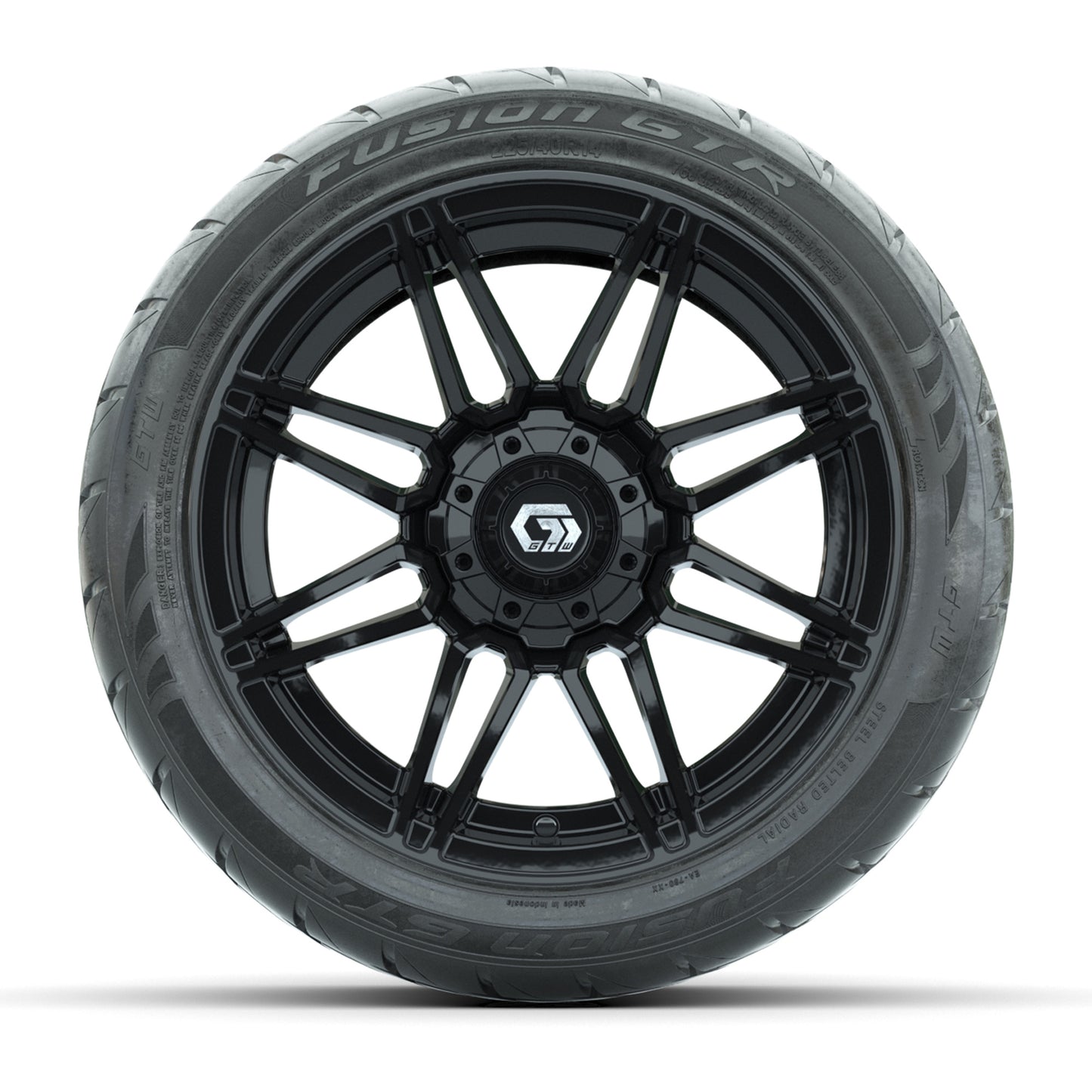 GTW® Stealth Gloss Black 14 in Wheels with 225/40-R14 Fusion GTR Steel Belt Radial Street Tires – Full Set