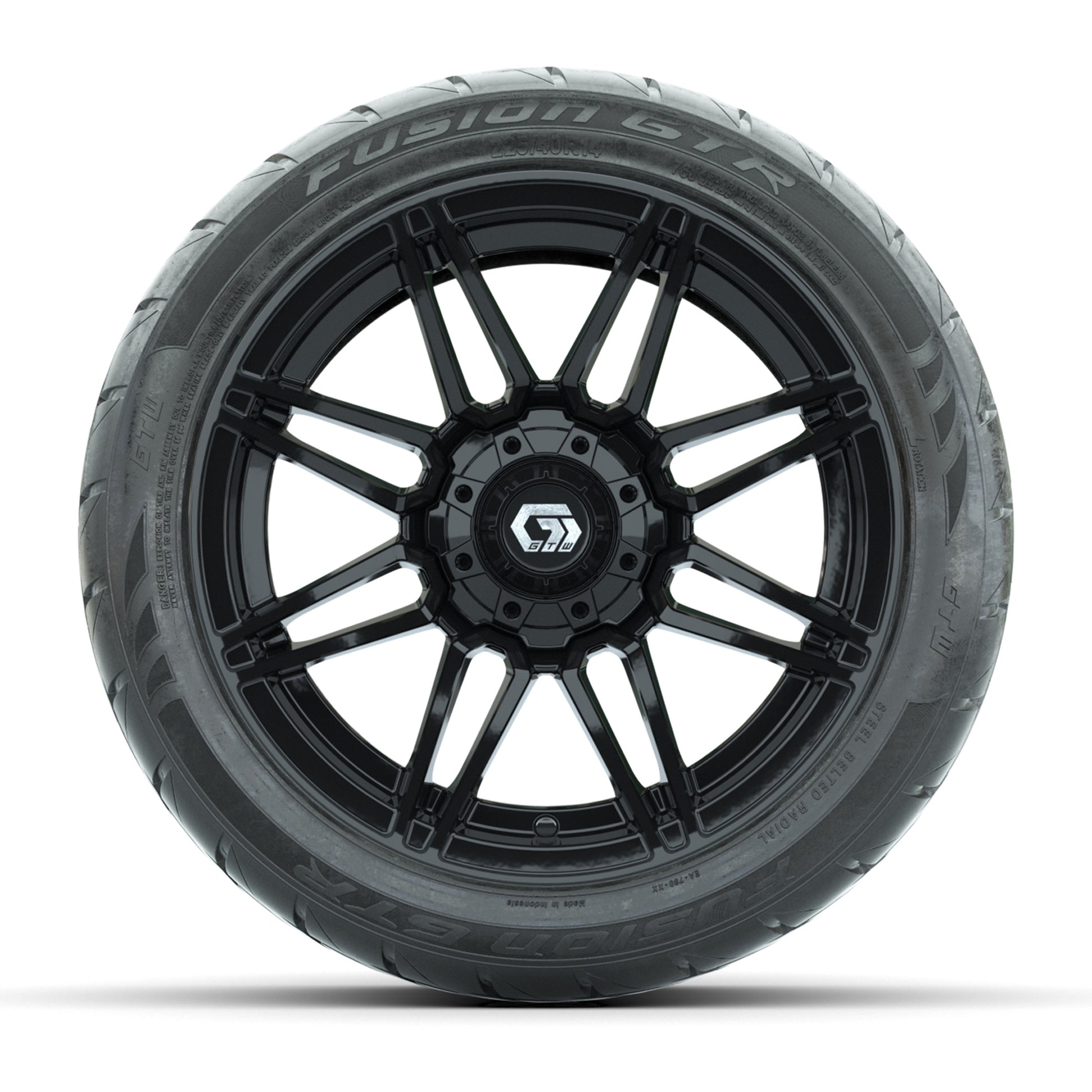 GTW® Stealth Gloss Black 14 in Wheels with 225/40-R14 Fusion GTR Steel Belt Radial Street Tires – Full Set