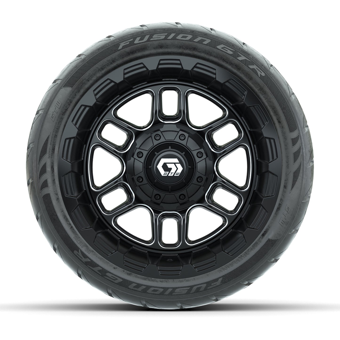 GTW® Titan Black/Machined 12 in Wheels with 215/40-R12 Fusion GTR Steel Belt Radial Street Tires – Full Set