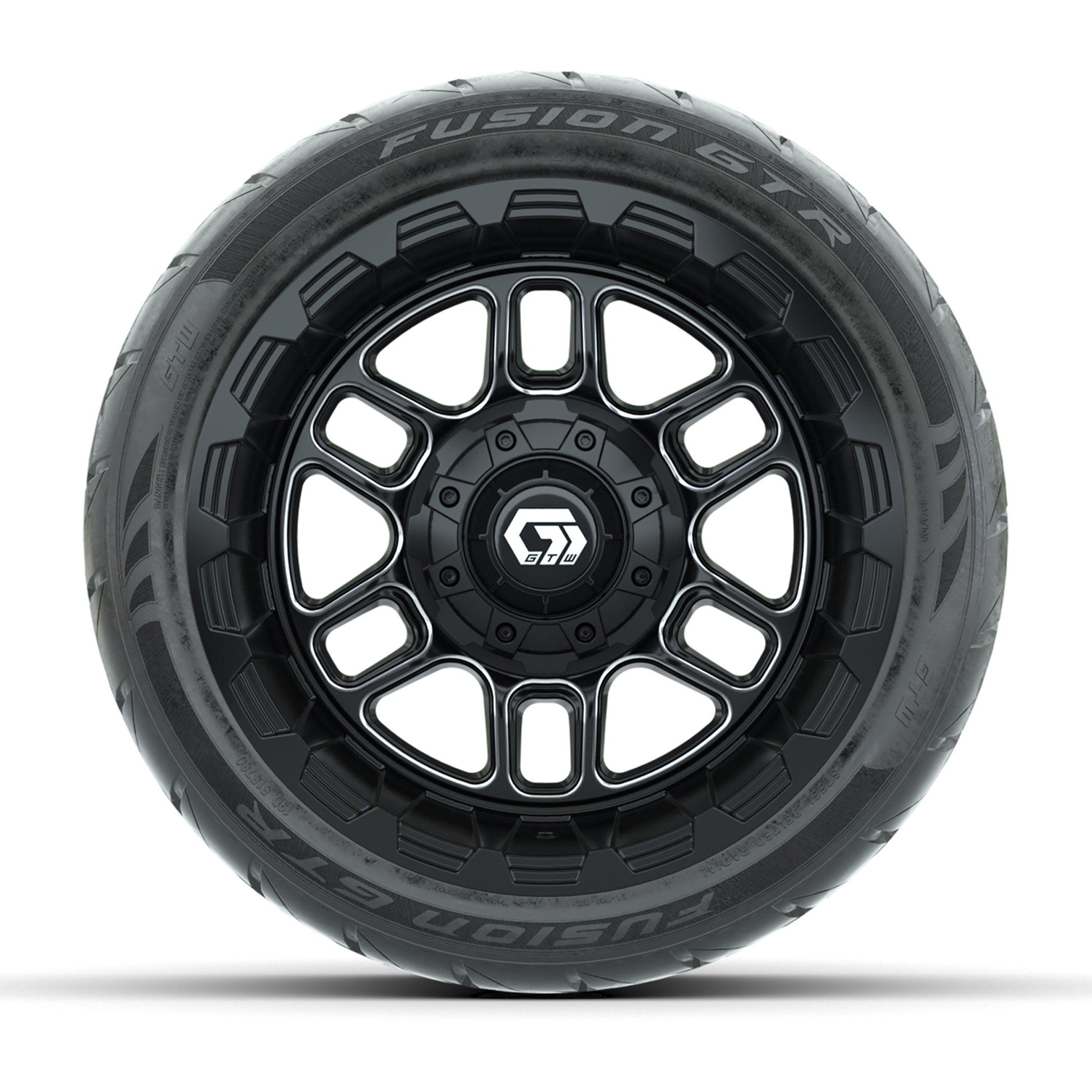 GTW® Titan Black/Machined 12 in Wheels with 215/40-R12 Fusion GTR Steel Belt Radial Street Tires – Full Set