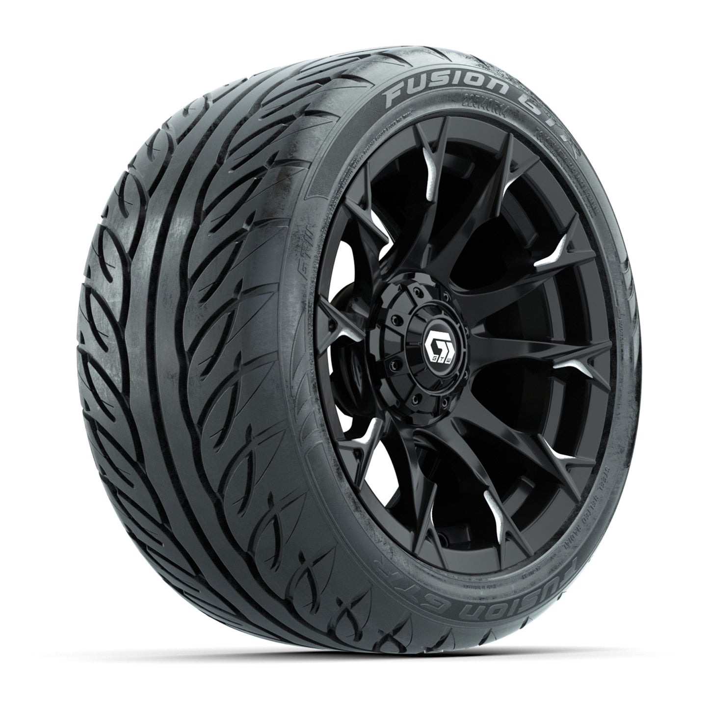 GTW® Diablo Gloss Black/Machined 14 in Wheels with 225/40-R14 Fusion GTR Steel Belt Radial Street Tires – Full Set