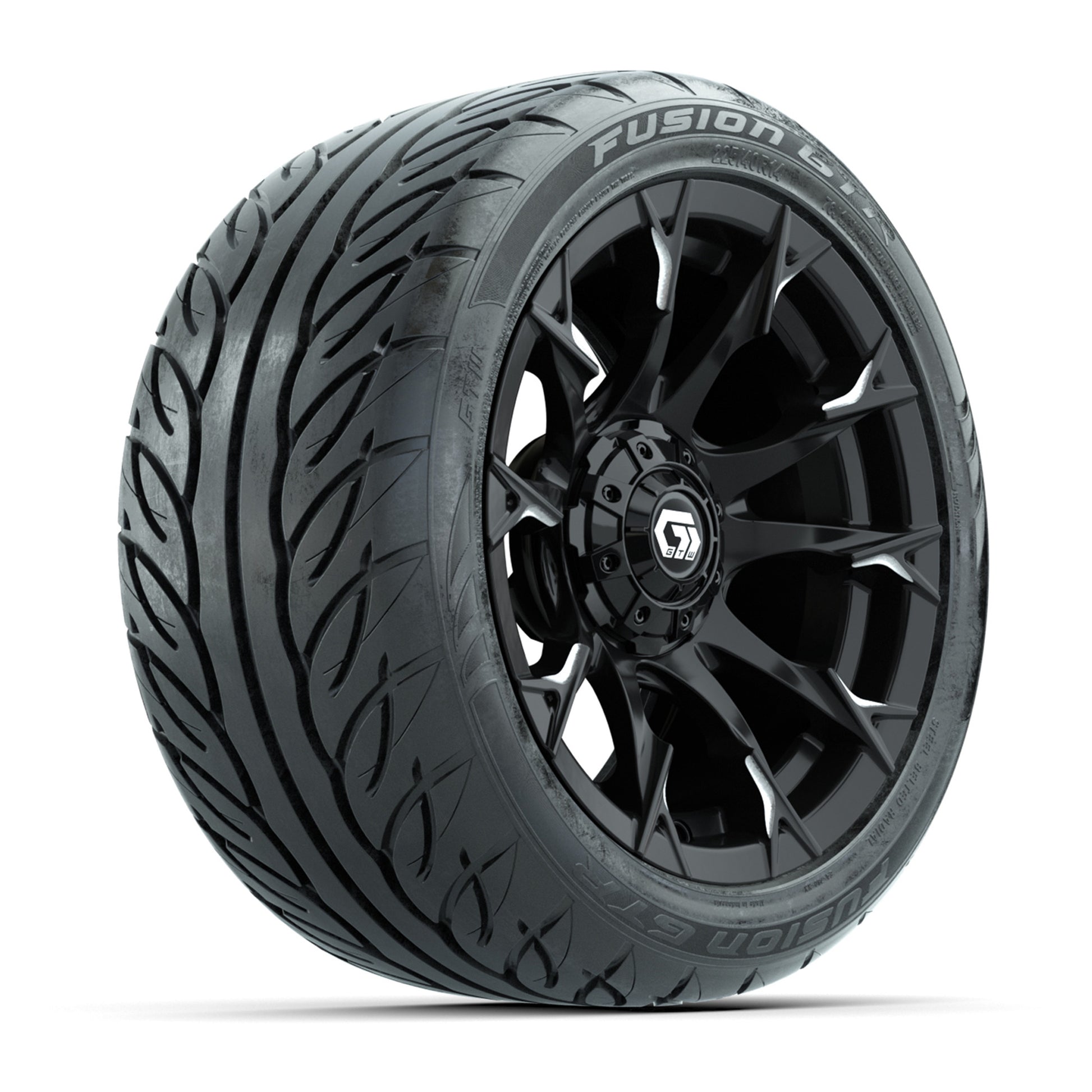 GTW® Diablo Gloss Black/Machined 14 in Wheels with 225/40-R14 Fusion GTR Steel Belt Radial Street Tires – Full Set