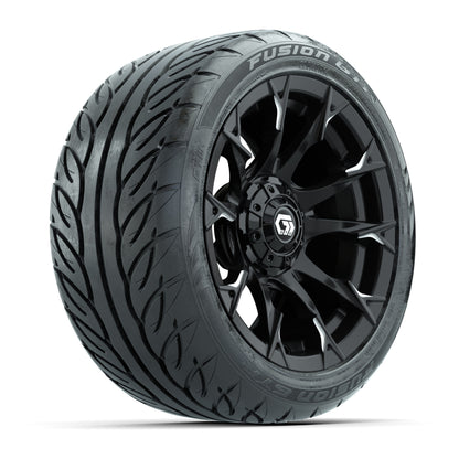 GTW® Diablo Gloss Black/Machined 14 in Wheels with 225/40-R14 Fusion GTR Steel Belt Radial Street Tires – Full Set