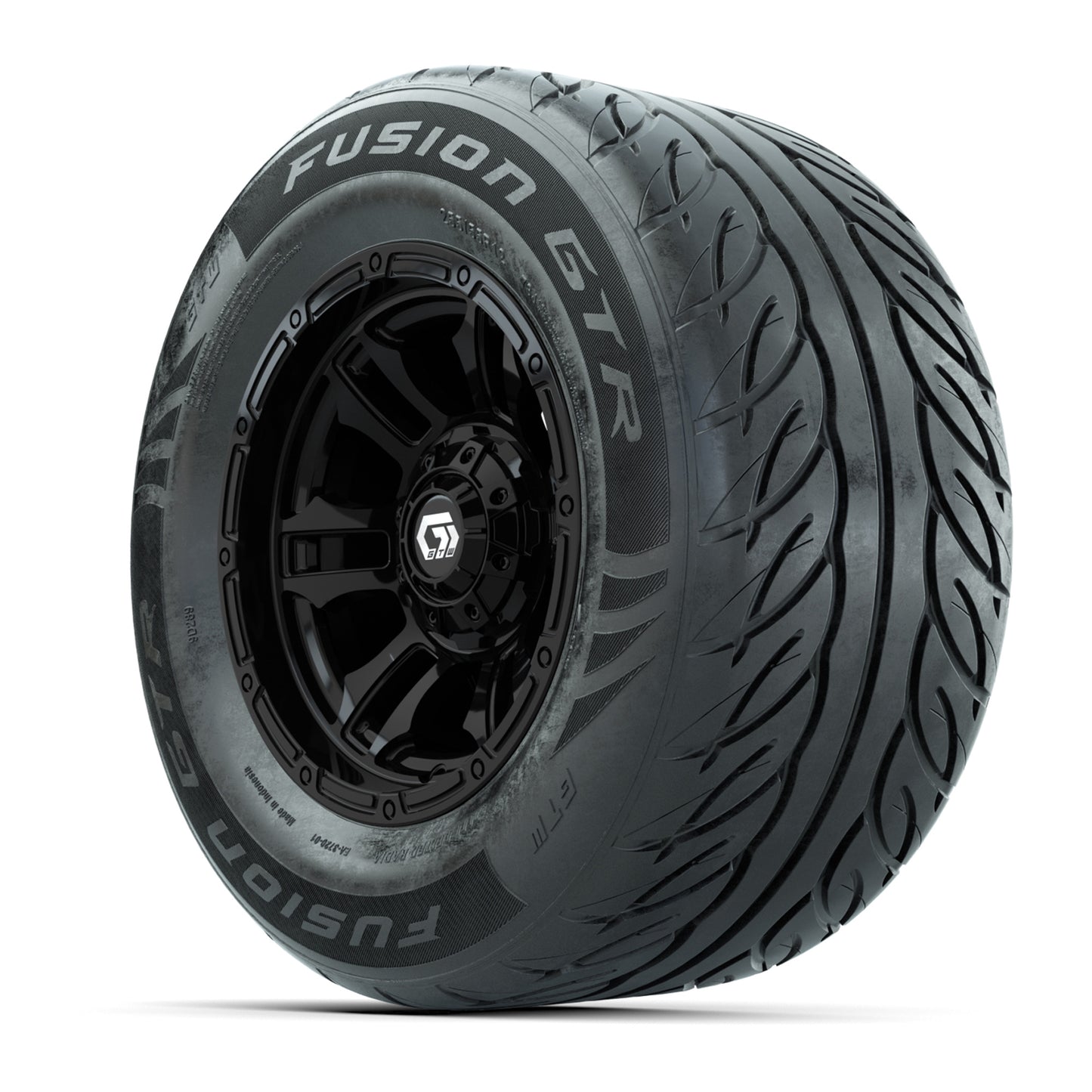 GTW® Shogun Gloss Black 12 in Wheels with 255/55-R12 Fusion GTR Steel Belt Radial Street Tires – Full Set