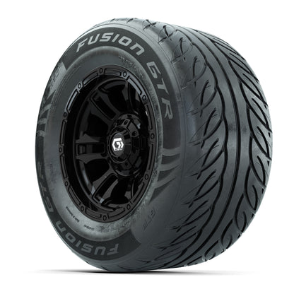 GTW® Shogun Gloss Black 12 in Wheels with 255/55-R12 Fusion GTR Steel Belt Radial Street Tires – Full Set