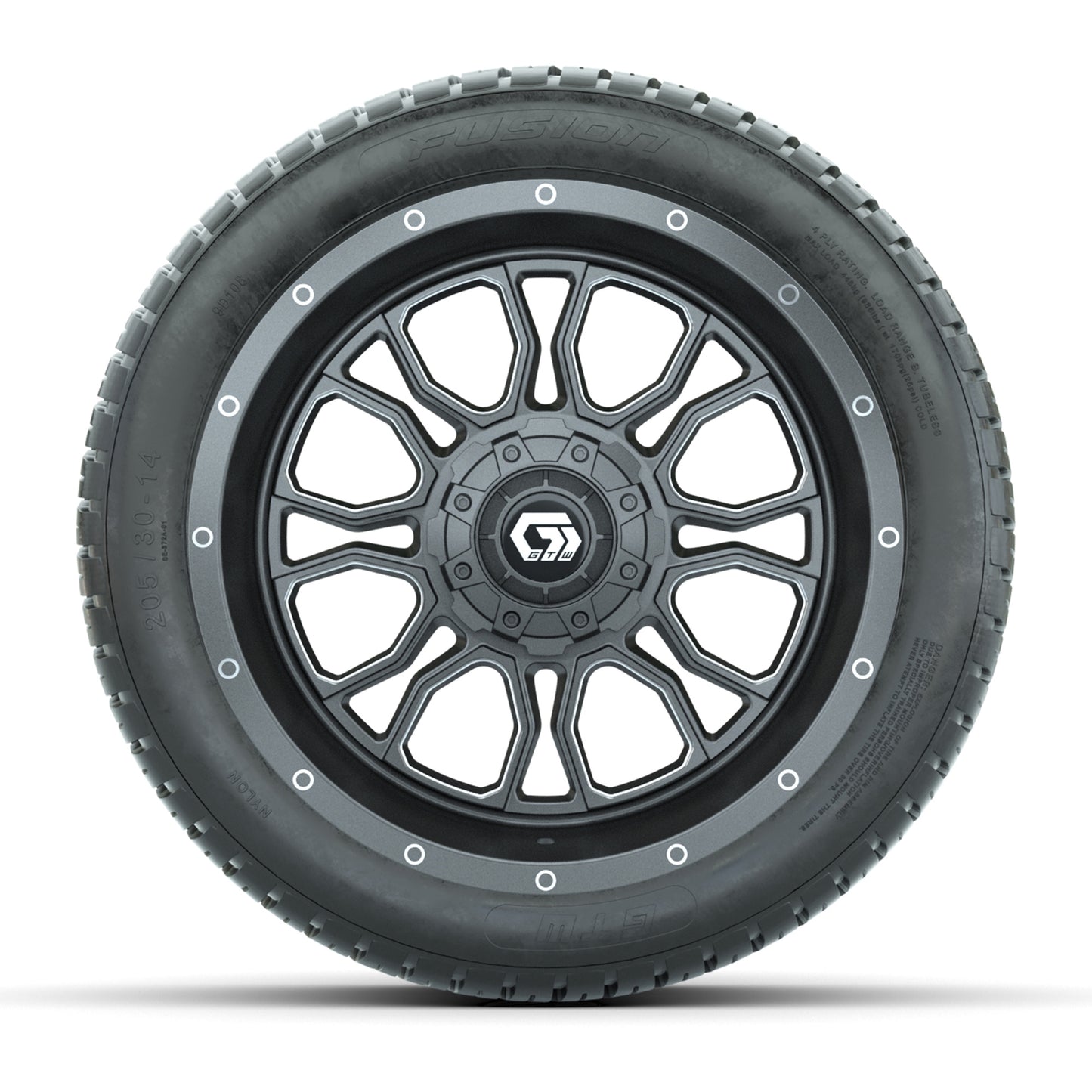 GTW® Volt Gunmetal 14 in Wheels with 205/30-R14 Fusion Street Tires – Full Set