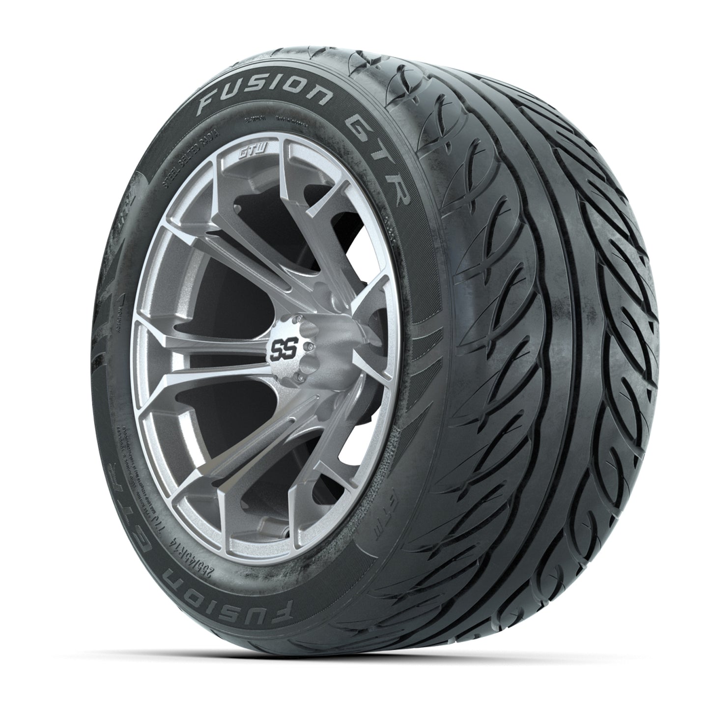 GTW® Spyder Silver Brush 14 in Wheels with 255/45-R14 Fusion GTR Steel Belt Radial Street Tires – Full Set