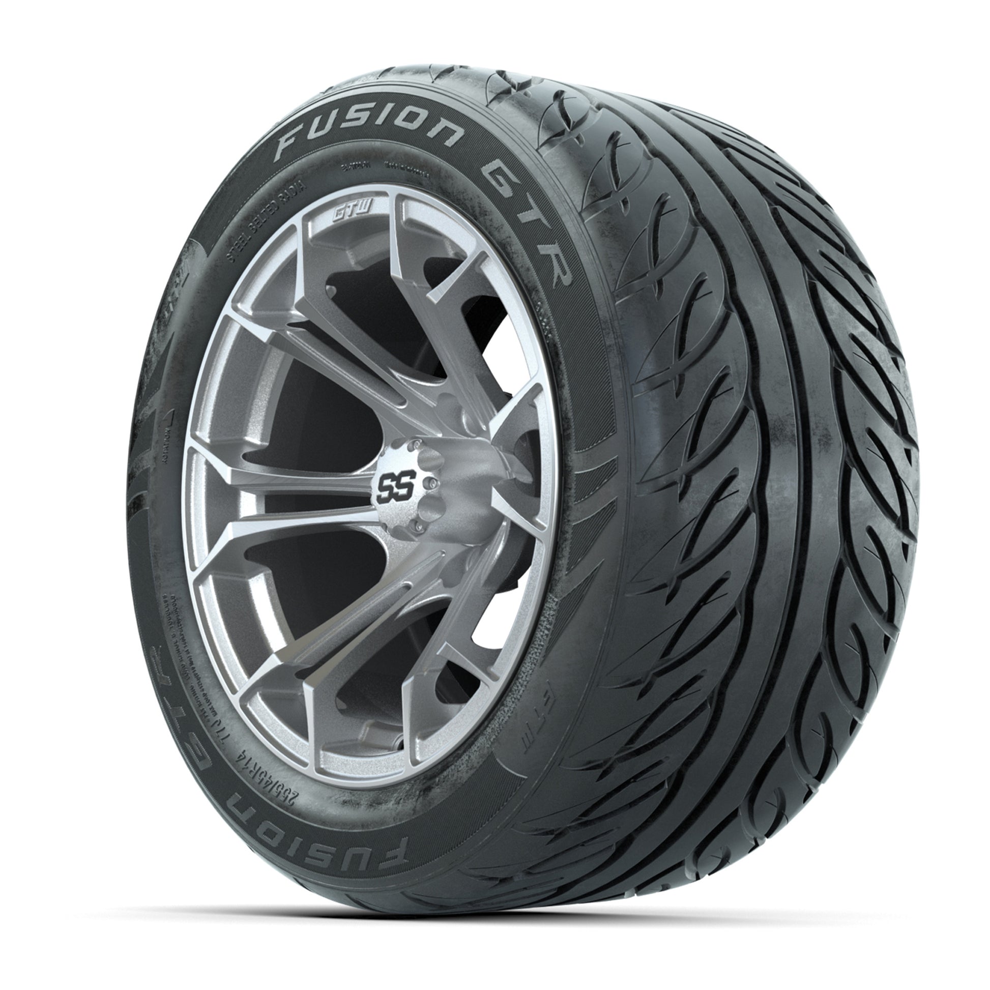 GTW® Spyder Silver Brush 14 in Wheels with 255/45-R14 Fusion GTR Steel Belt Radial Street Tires – Full Set