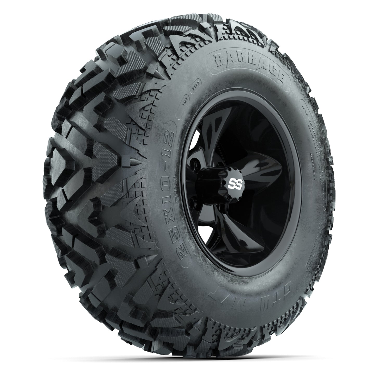 GTW® Godfather Black 12 in Wheels with 25X10-12 Barrage Mud Tires – Full Set