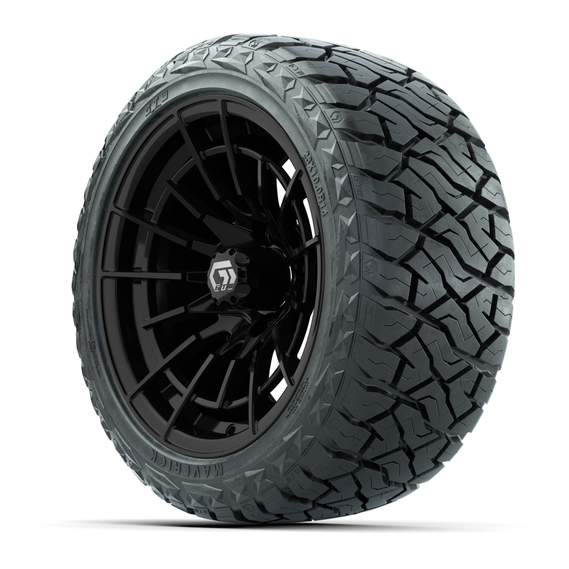GTW Boost Gloss Black 14 in Wheels with 23x10.00-R14 Maverick All-Terrain Tires – Full Set
