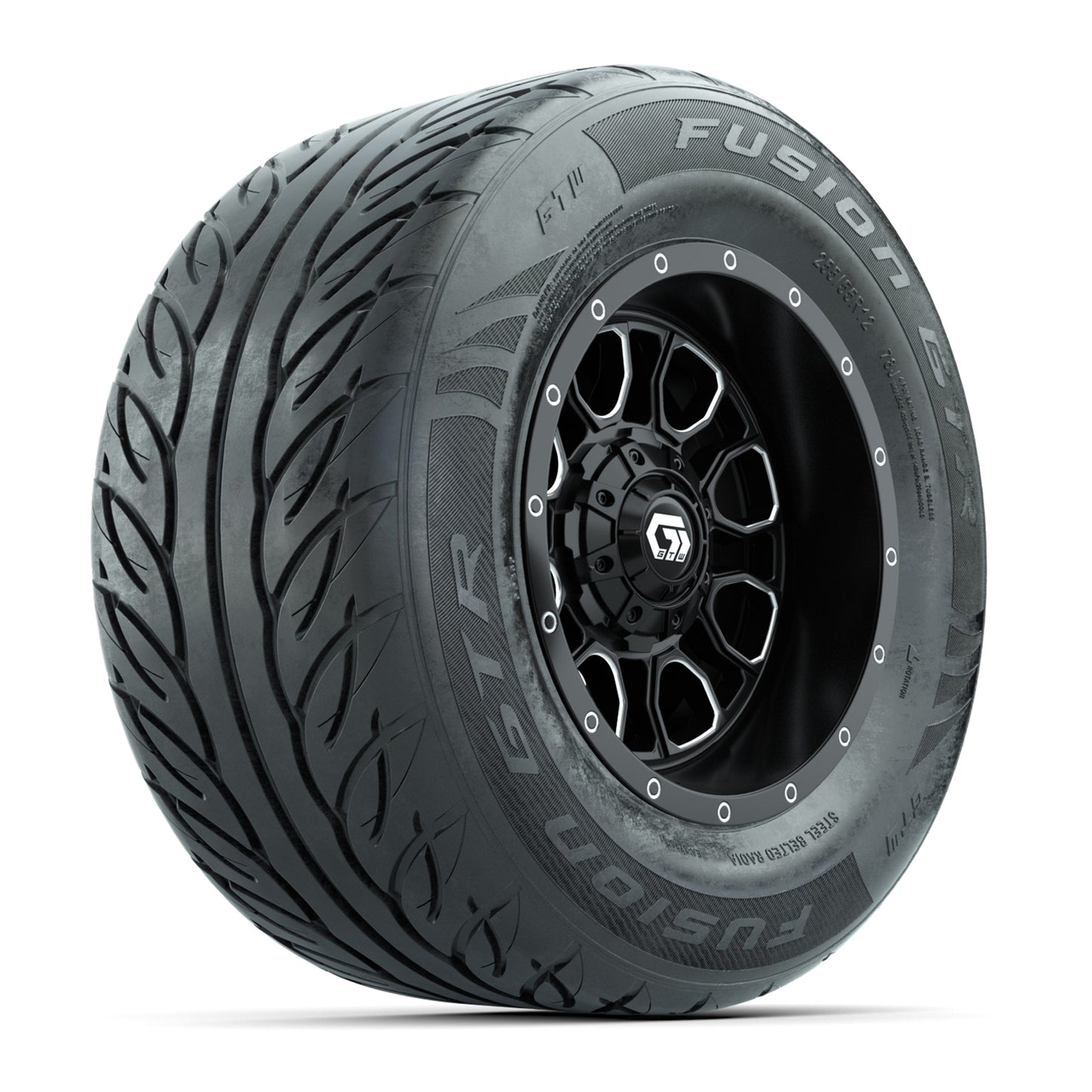 GTW® Volt Black/Machined 12 in Wheels with 255/55-R12 Fusion GTR Steel Belt Radial Street Tires – Full Set