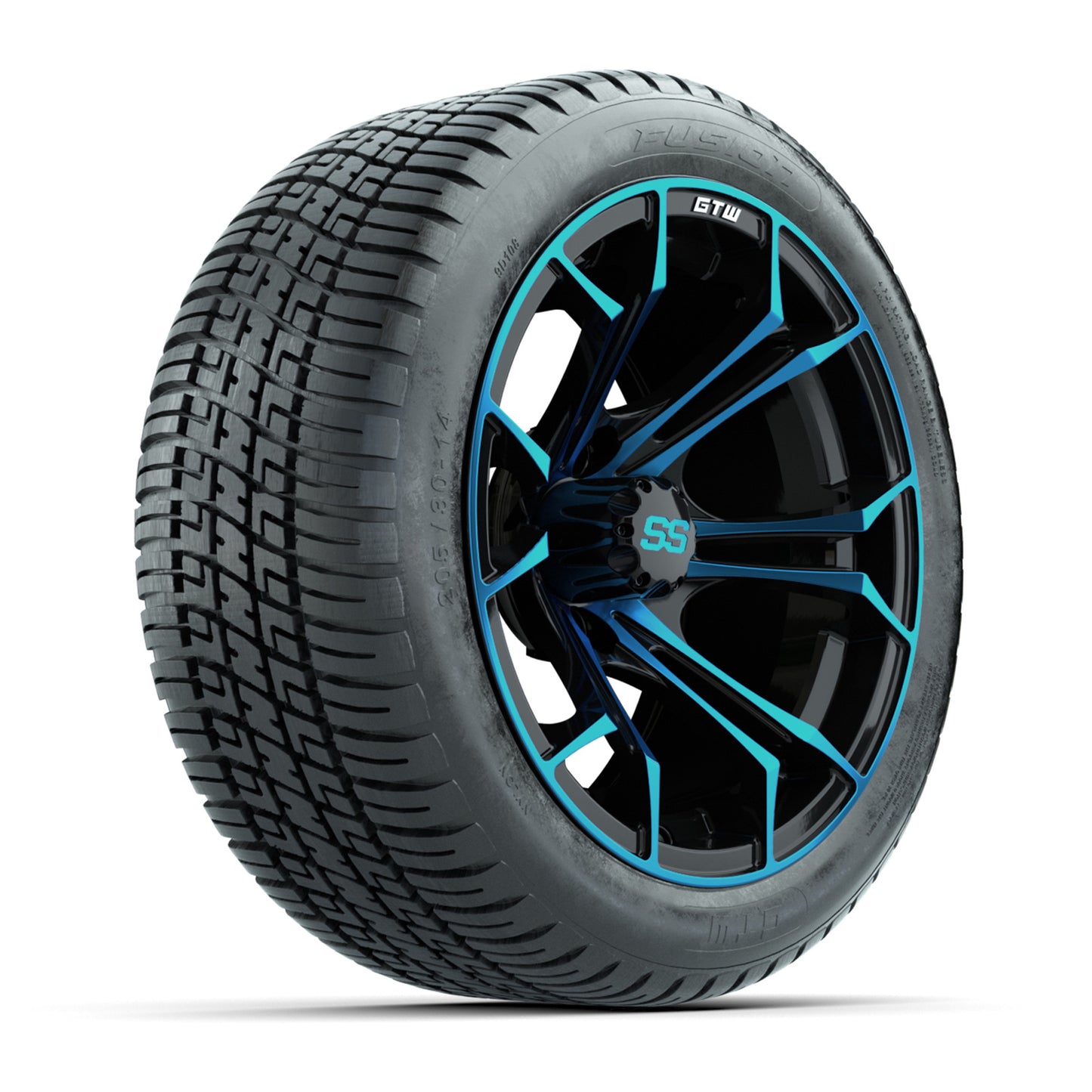 GTW® Spyder Black/Blue 14 in Wheels with 205/30-R14 Fusion Street Tires – Full Set