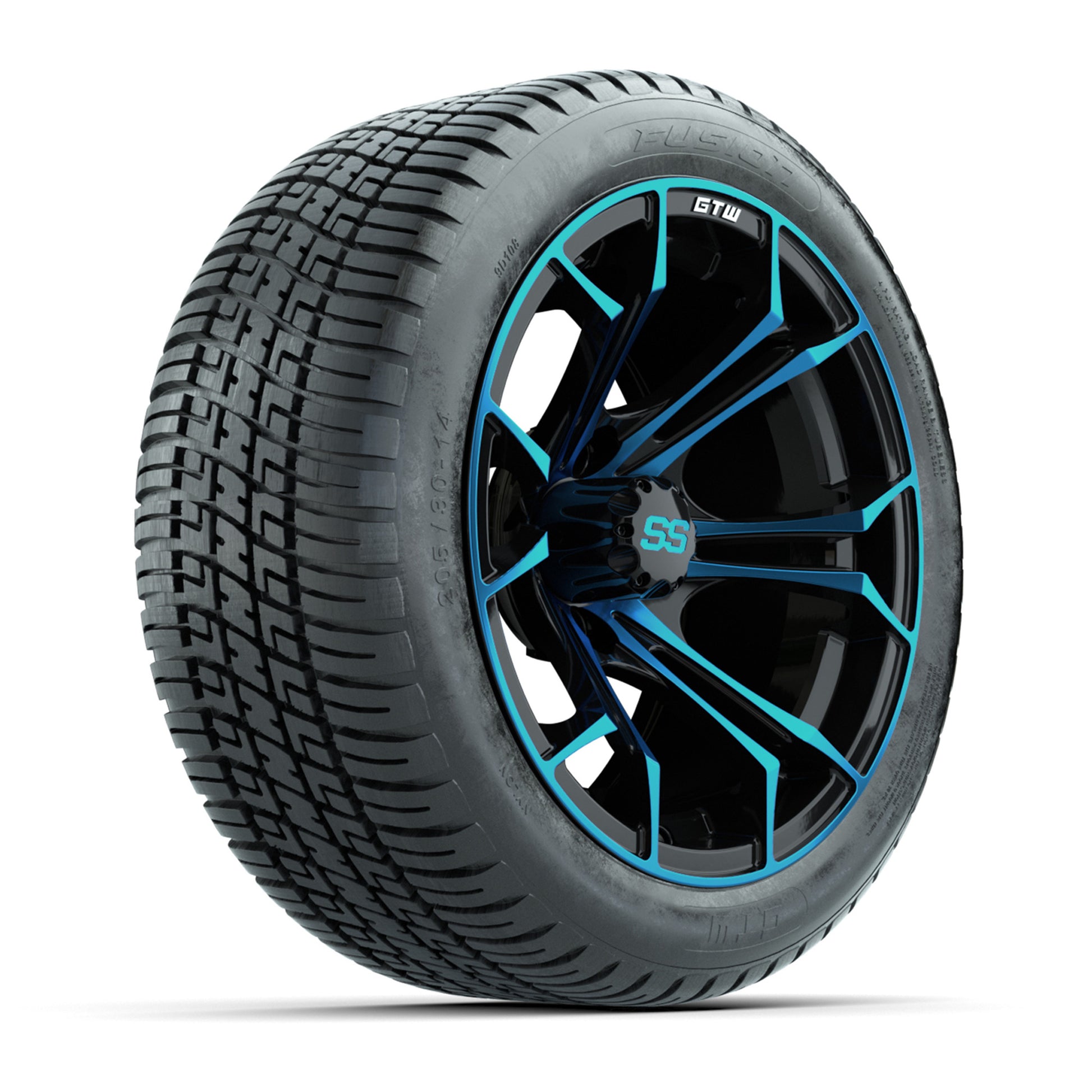 GTW® Spyder Black/Blue 14 in Wheels with 205/30-R14 Fusion Street Tires – Full Set