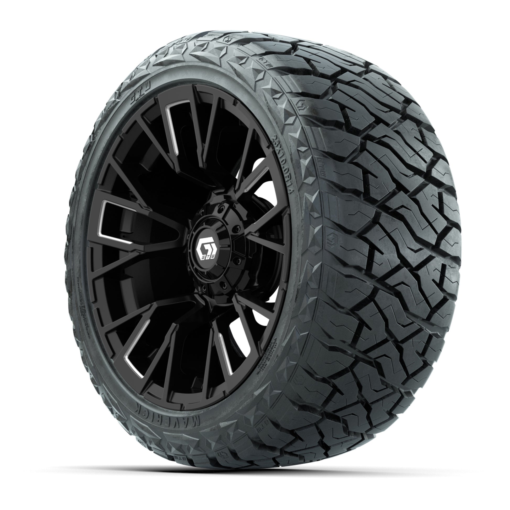 GTW Vandal Matte Black/Machined 14 in Wheels with 23x10.00-R14 Maverick All-Terrain Tires – Full Set