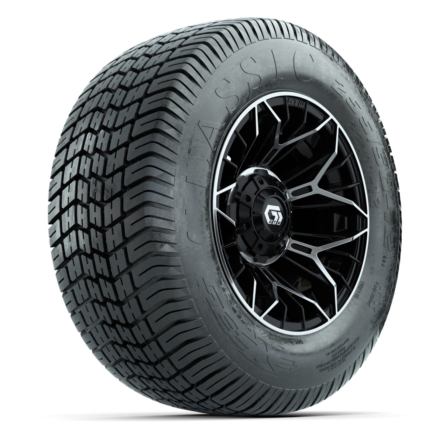 GTW® Stellar Black/Machined 12 in Wheels with 255/50-12 Excel Classic Street Tires – Full Set