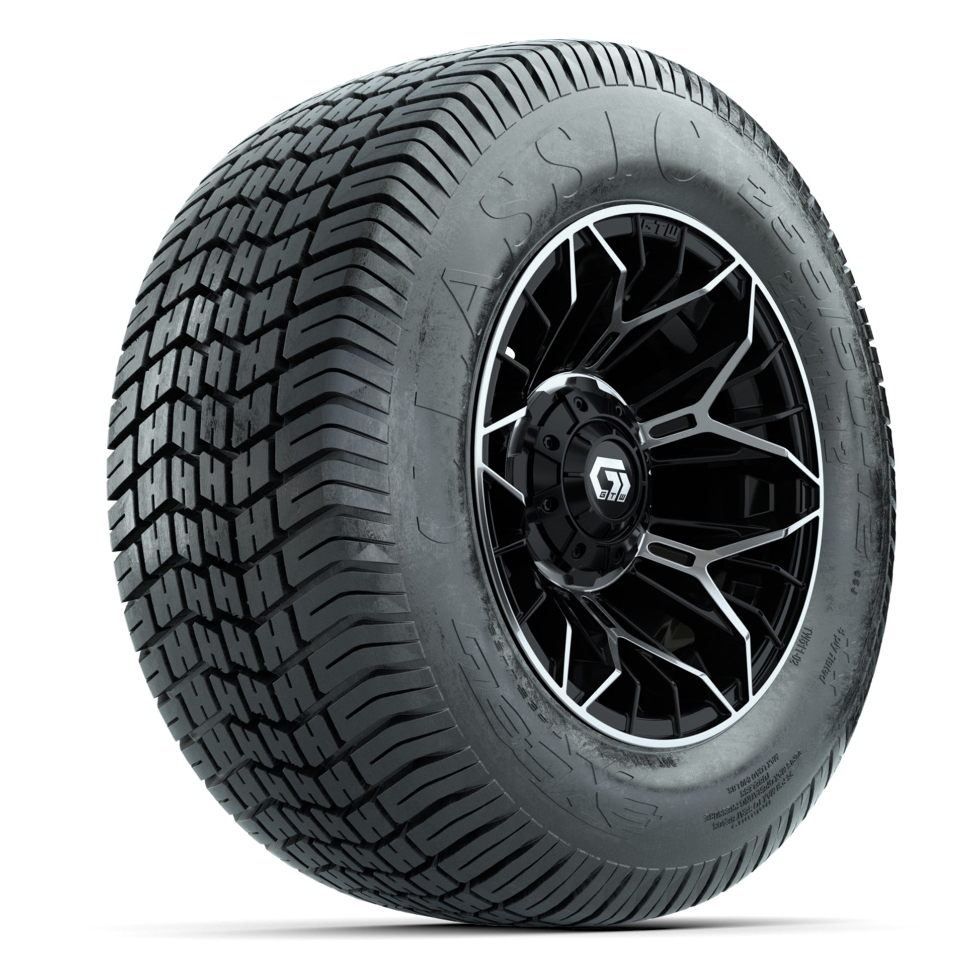 GTW® Stellar Black/Machined 12 in Wheels with 255/50-12 Excel Classic Street Tires – Full Set