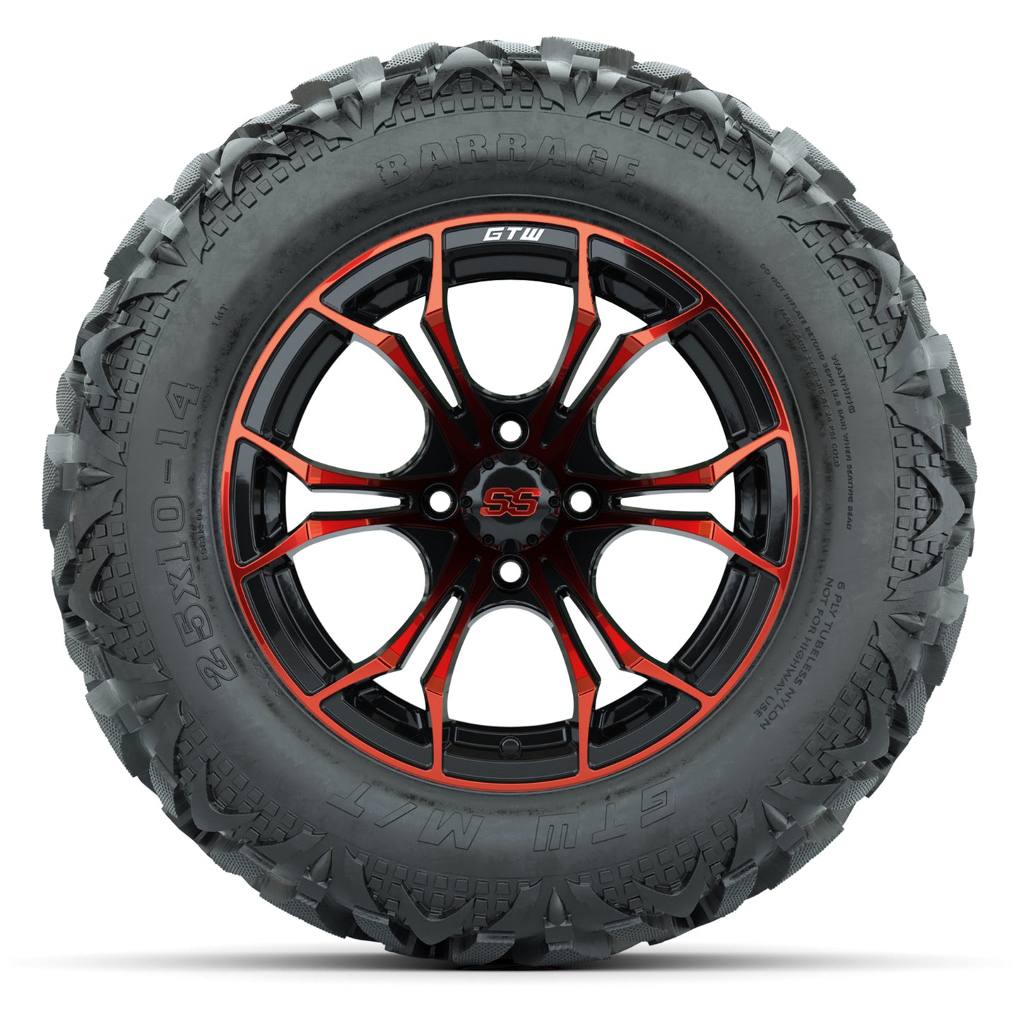 GTW Spyder Black/Red 14 in Wheels with 25x10-14 Barrage Mud Tires – Full Set