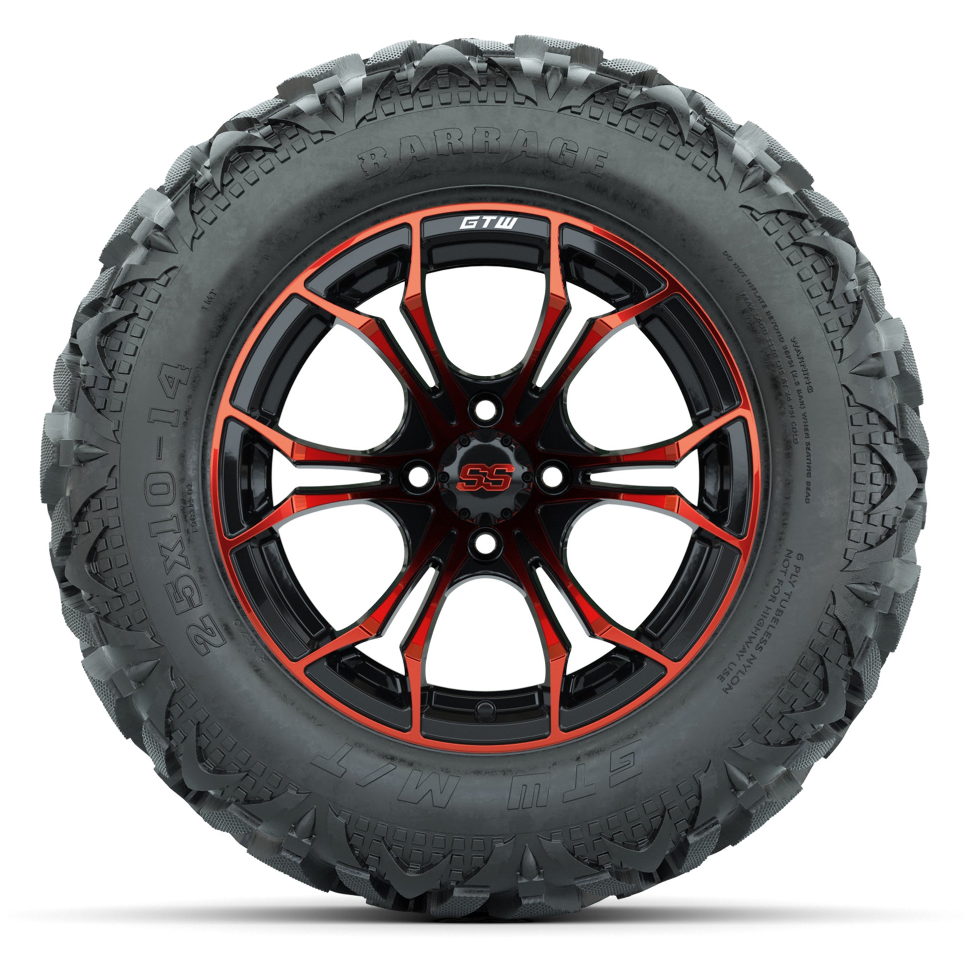 GTW Spyder Black/Red 14 in Wheels with 25x10-14 Barrage Mud Tires – Full Set