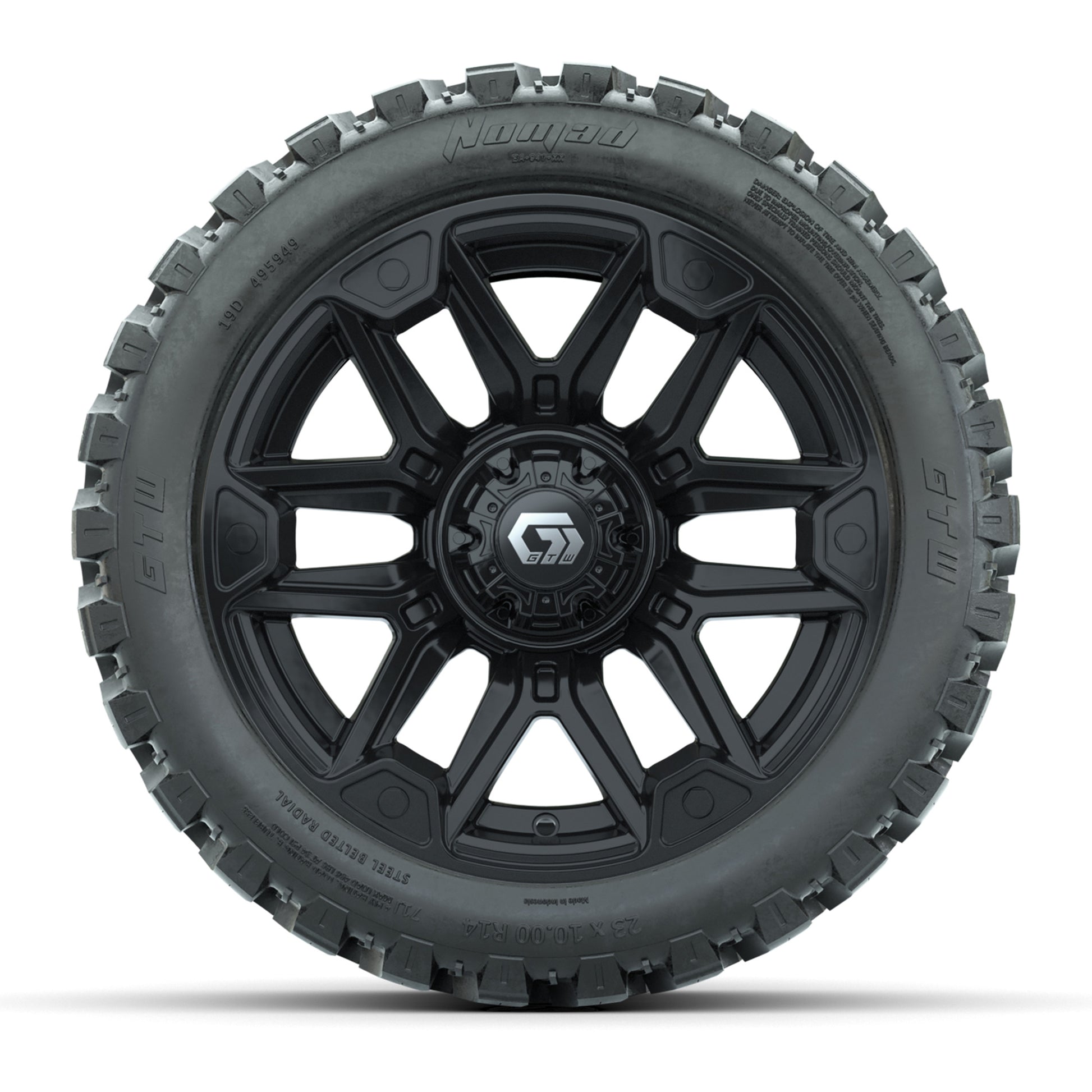 GTW® Graffiti Gloss Black 14 in Wheels with 23X10-R14 Nomad Steel Belt Radial All-Terrain Tires – Full Set