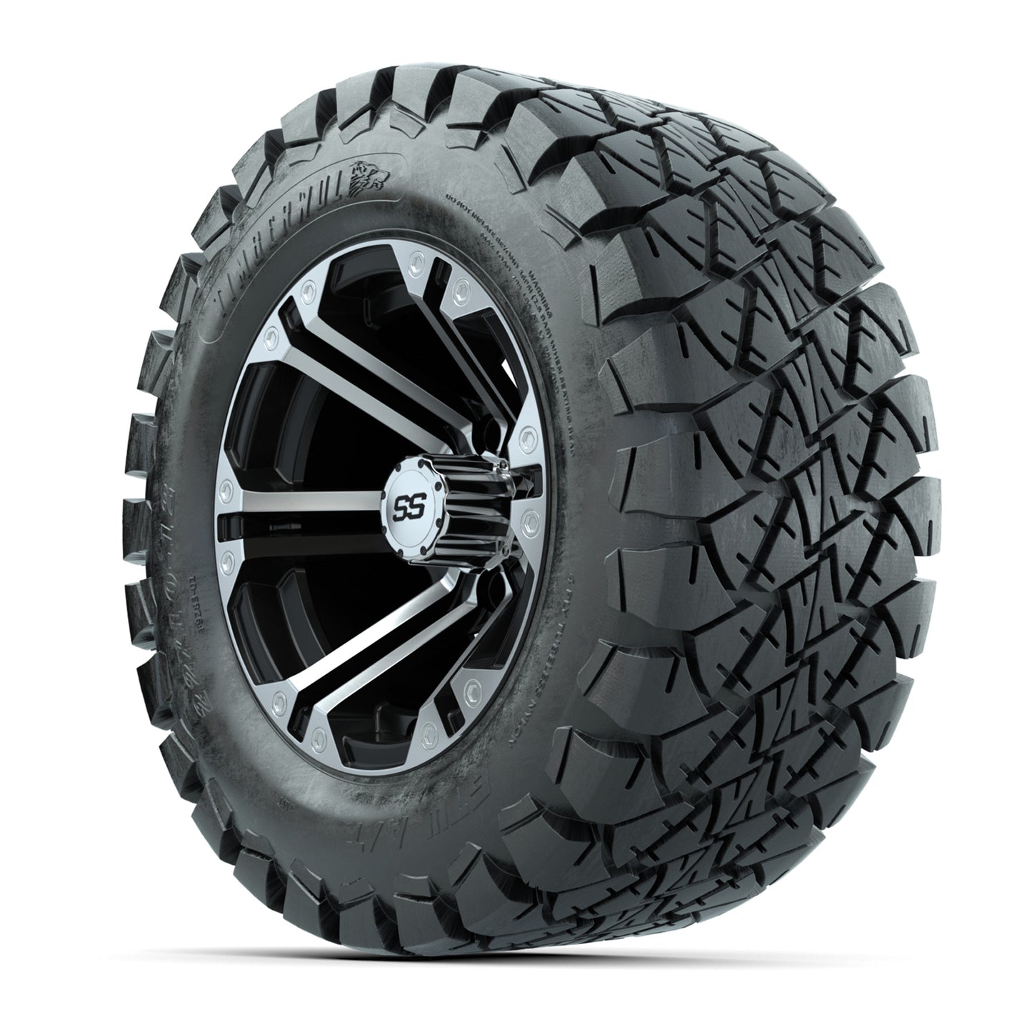 12 inch Specter Black/Machined Lifted Golf Cart Wheels on 22 inch Trail Tires-Set of 4