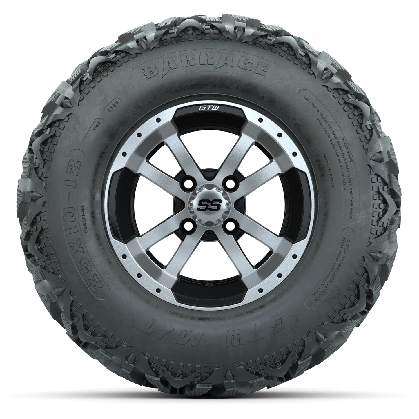 GTW® Storm Trooper Black/Machined 12 in Wheels with 25X10-12 Barrage Mud Tires – Full Set