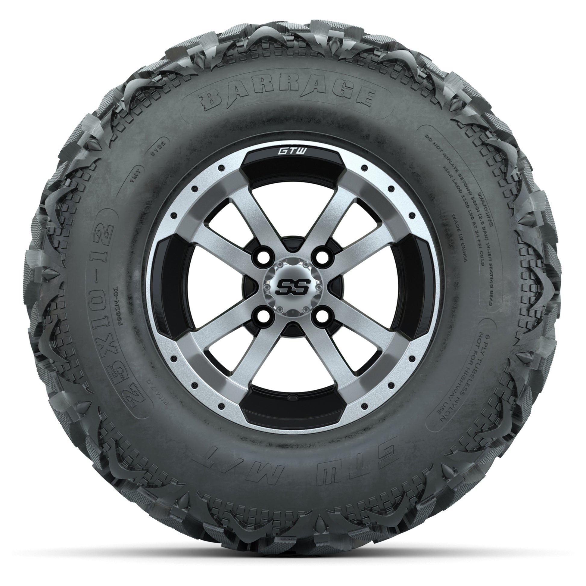 GTW® Storm Trooper Black/Machined 12 in Wheels with 25X10-12 Barrage Mud Tires – Full Set