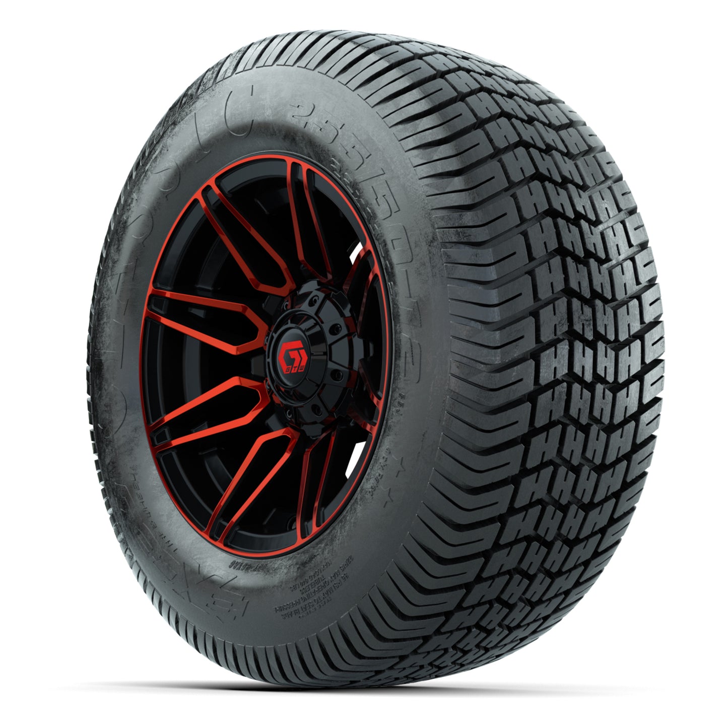GTW® Stealth Red/Machined 12 in Wheels with 255/50-12 Excel Classic Street Tires – Full Set