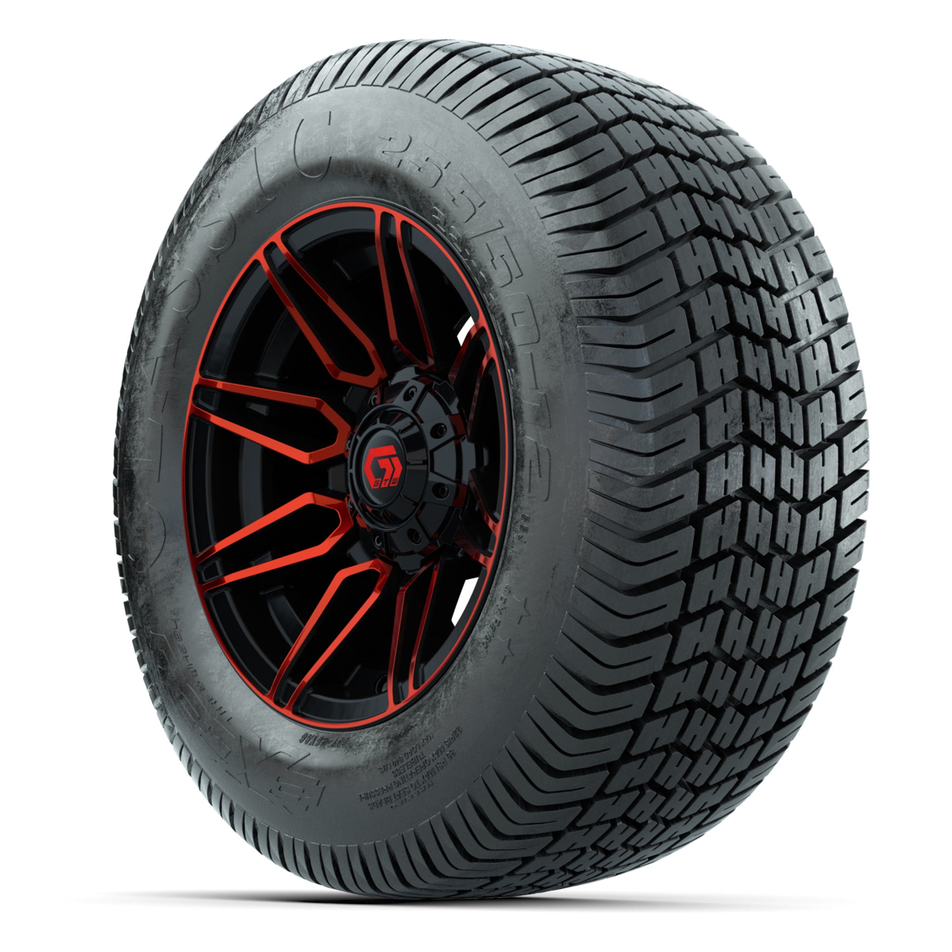GTW® Stealth Red/Machined 12 in Wheels with 255/50-12 Excel Classic Street Tires – Full Set