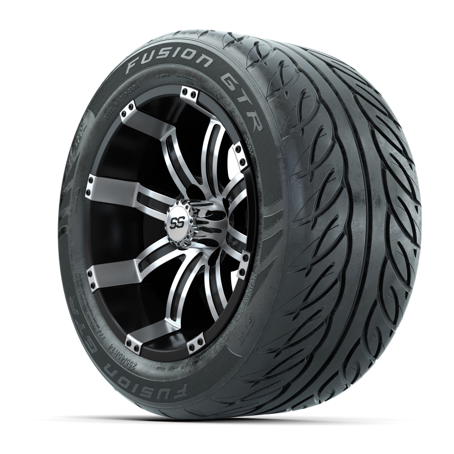 GTW® Tempest Black/Machined 14 in Wheels with 255/45-R14 Fusion GTR Steel Belt Radial Street Tires – Full Set
