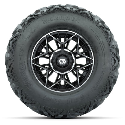 GTW® Stellar Black/Machined 12 in Wheels with 25X10-12 Barrage Mud Tires – Full Set