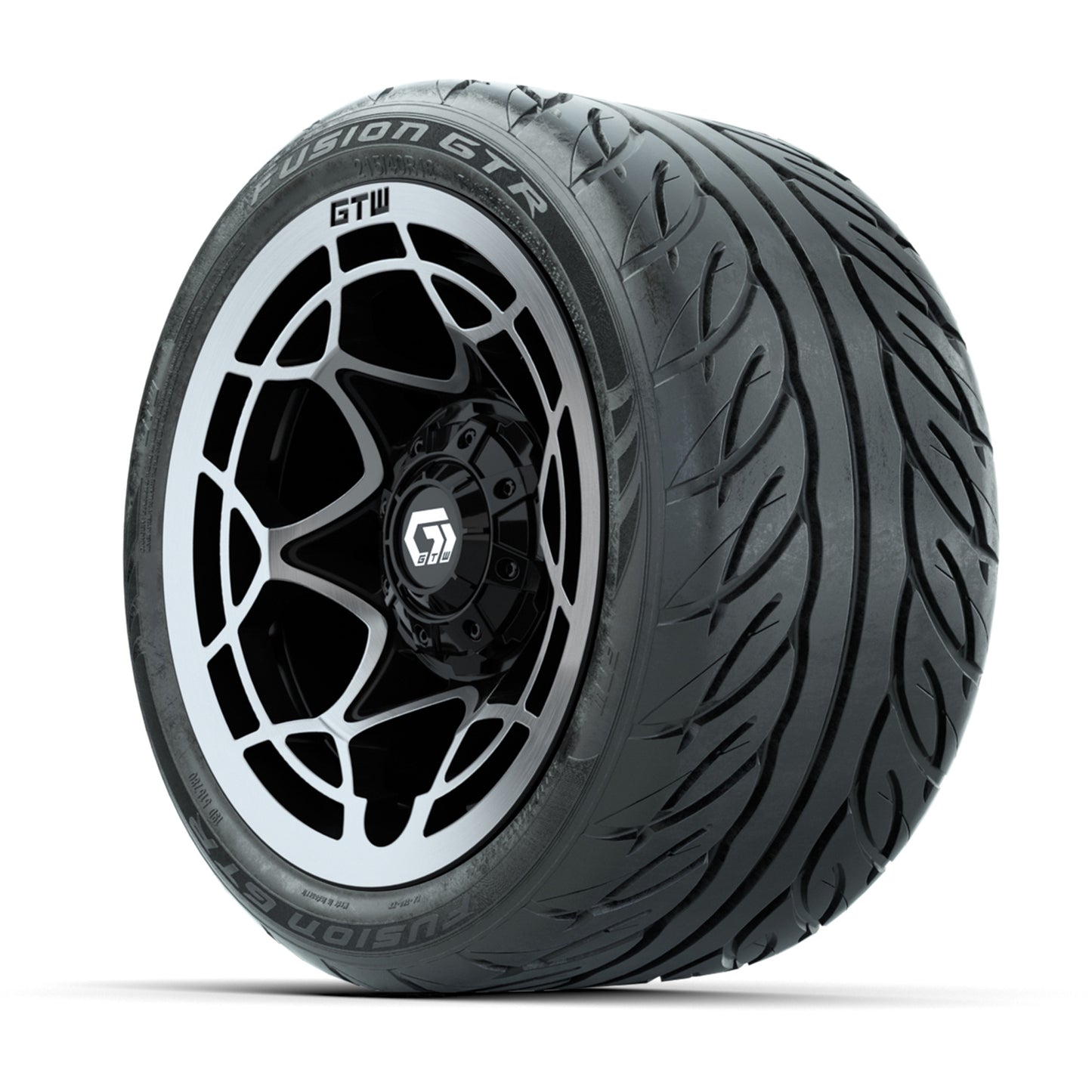 GTW® Nexus Black with Silver Face 12 in Wheels with 215/40-R12 Fusion GTR Steel Belt Radial Street Tires – Full Set