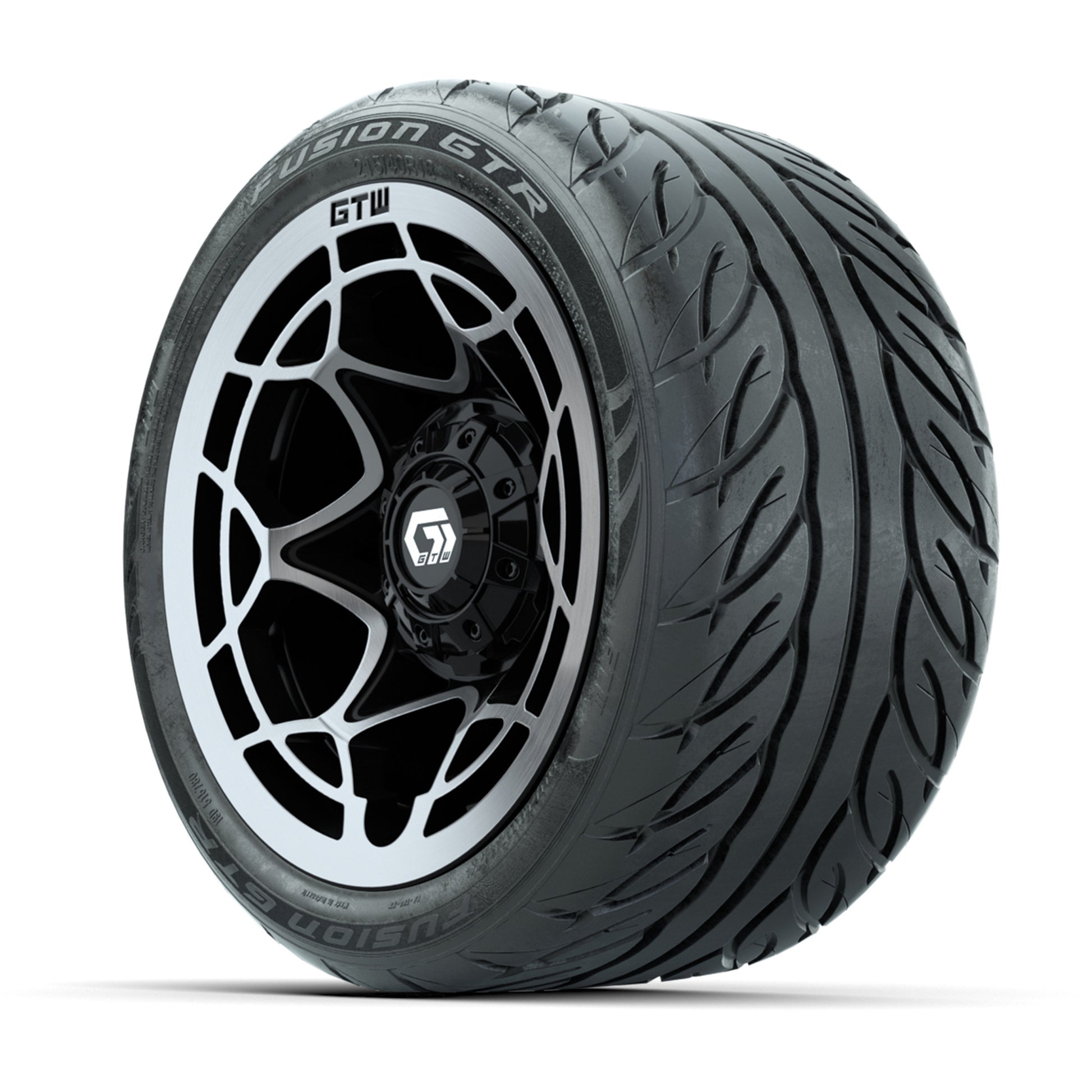 GTW® Nexus Black with Silver Face 12 in Wheels with 215/40-R12 Fusion GTR Steel Belt Radial Street Tires – Full Set
