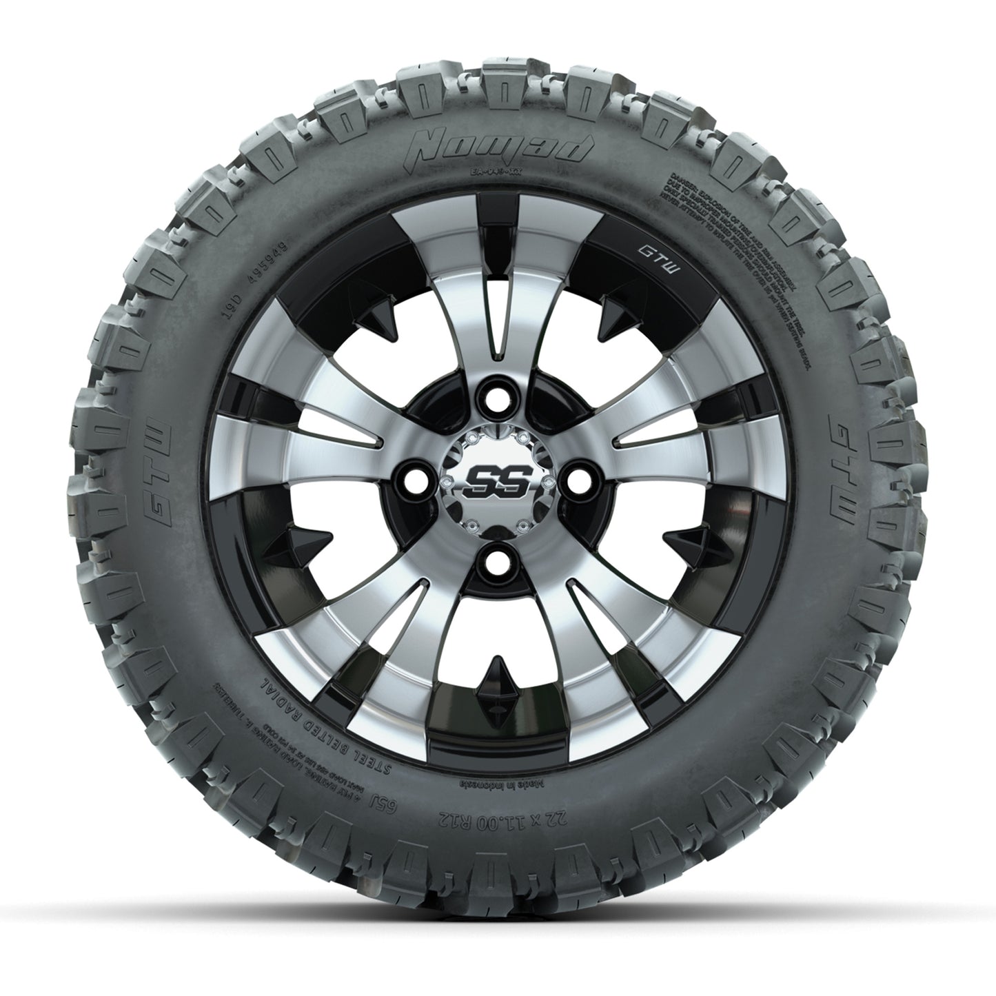 GTW® Vampire Black/Machined 12 in Wheels with 22X11-R12 Nomad Steel Belt Radial All-Terrain Tires – Full Set