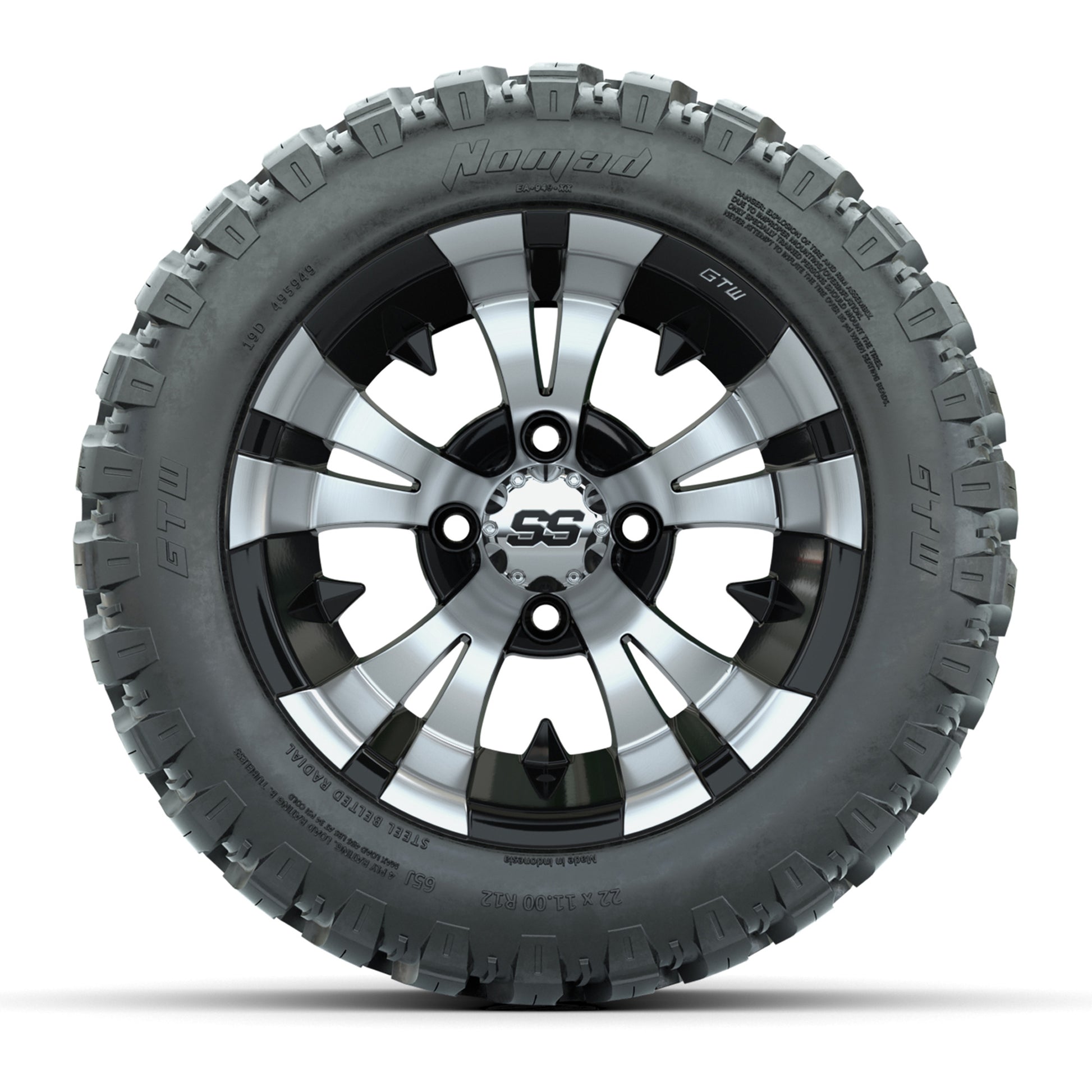 GTW® Vampire Black/Machined 12 in Wheels with 22X11-R12 Nomad Steel Belt Radial All-Terrain Tires – Full Set