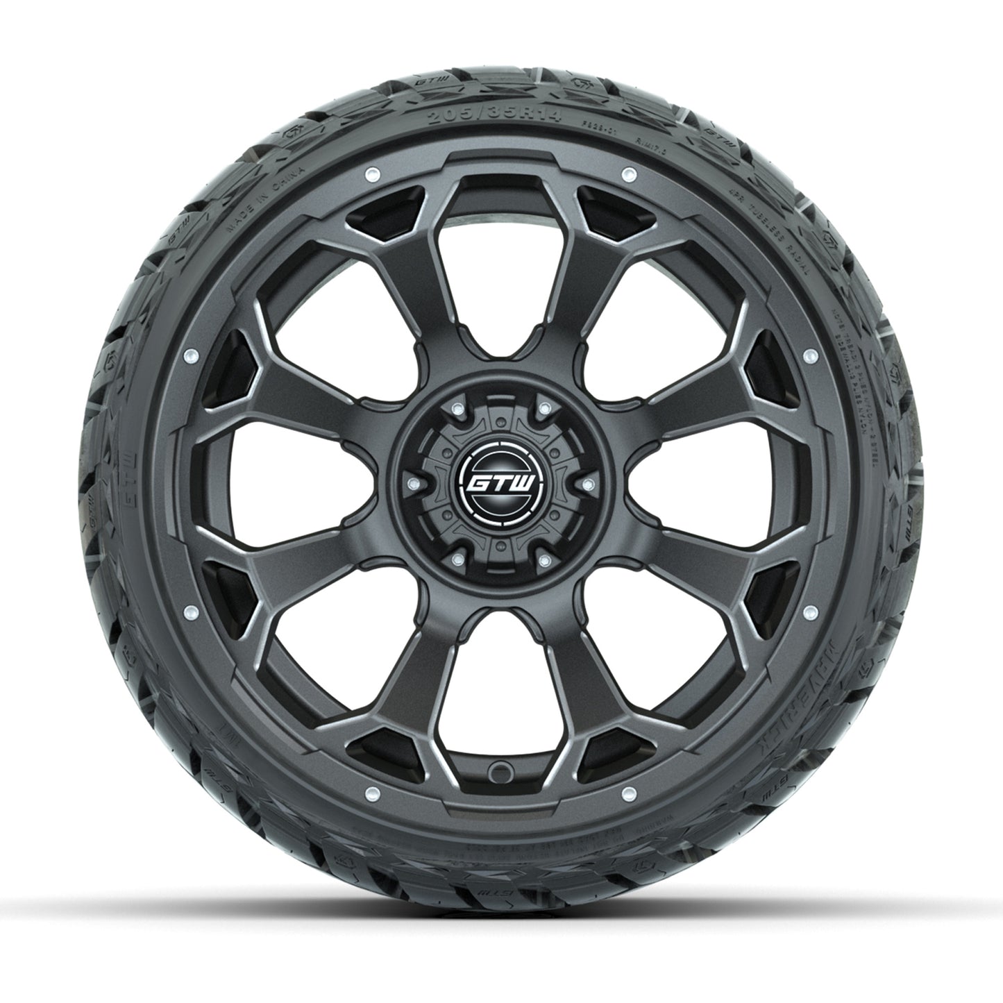 GTW® Raven Matte Gray/Ball Milled 14 in Wheels with 205/35-R14 Maverick Low-Profile All-Terrain Tires - Full Set
