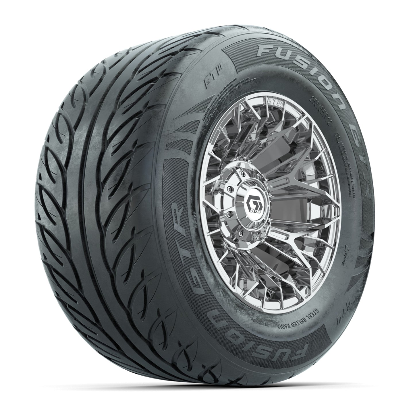 GTW® Stellar Chrome 12 in Wheels with 255/55-R12 Fusion GTR Steel Belt Radial Street Tires - Full Set