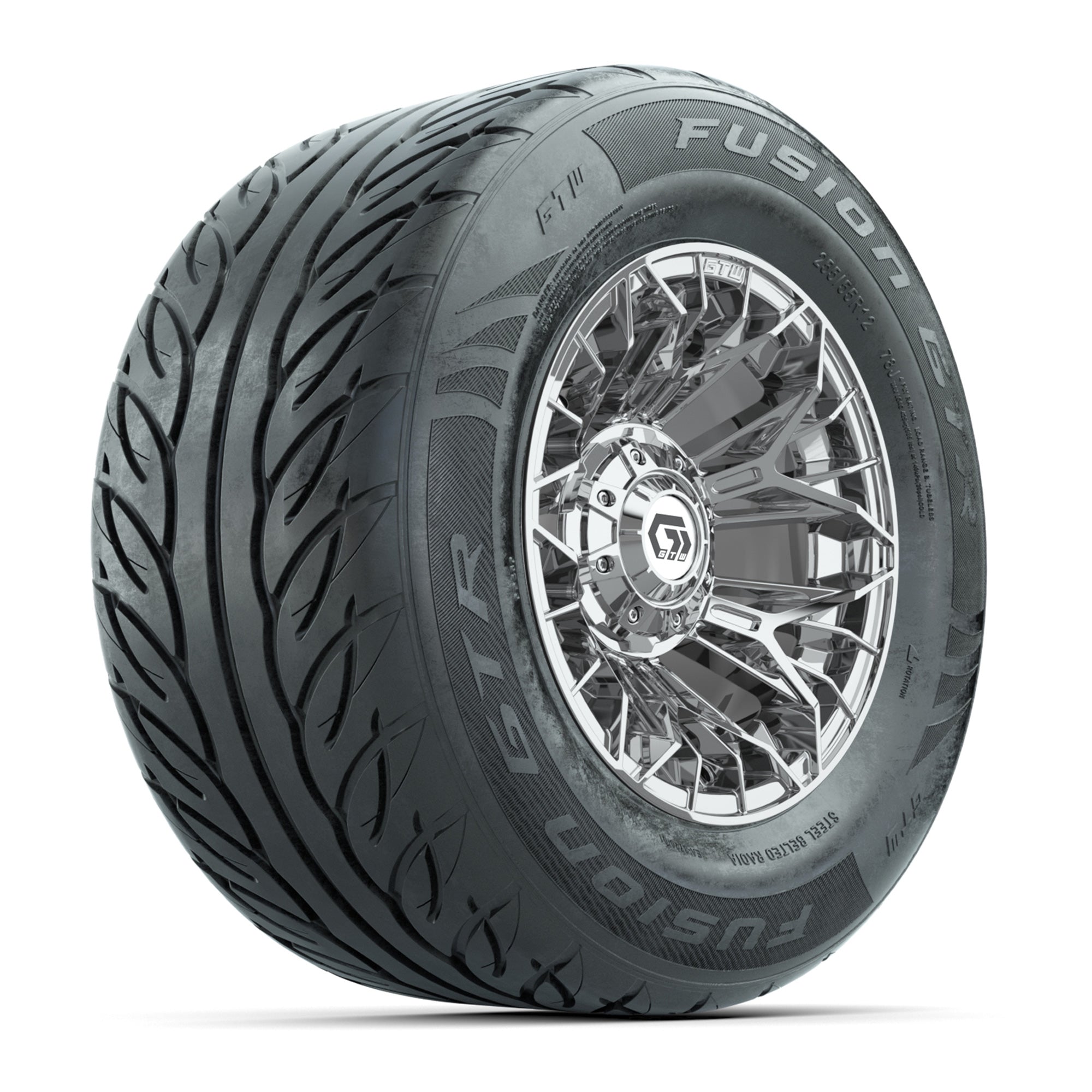GTW® Stellar Chrome 12 in Wheels with 255/55-R12 Fusion GTR Steel Belt Radial Street Tires - Full Set