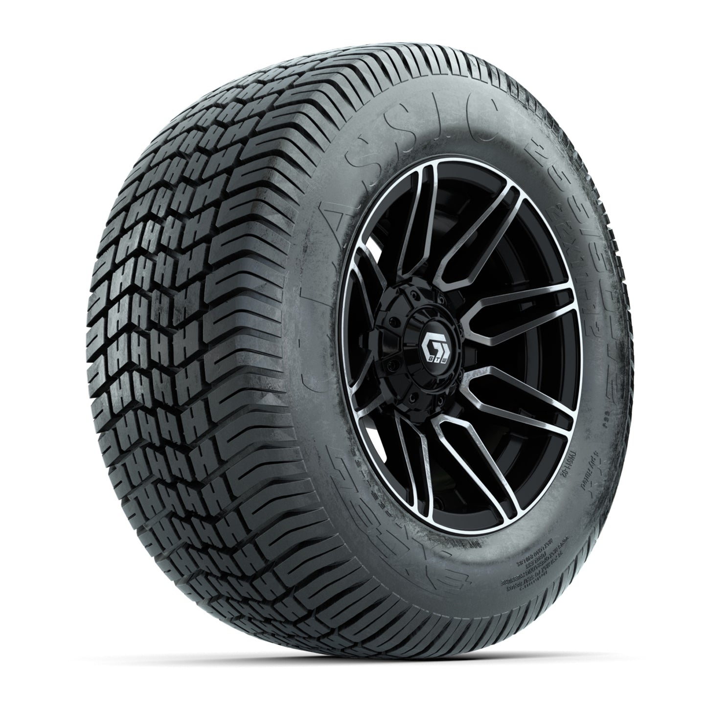 GTW® Stealth Black/Machined 12 in Wheels with 255/50-12 Excel Classic Street Tires – Full Set