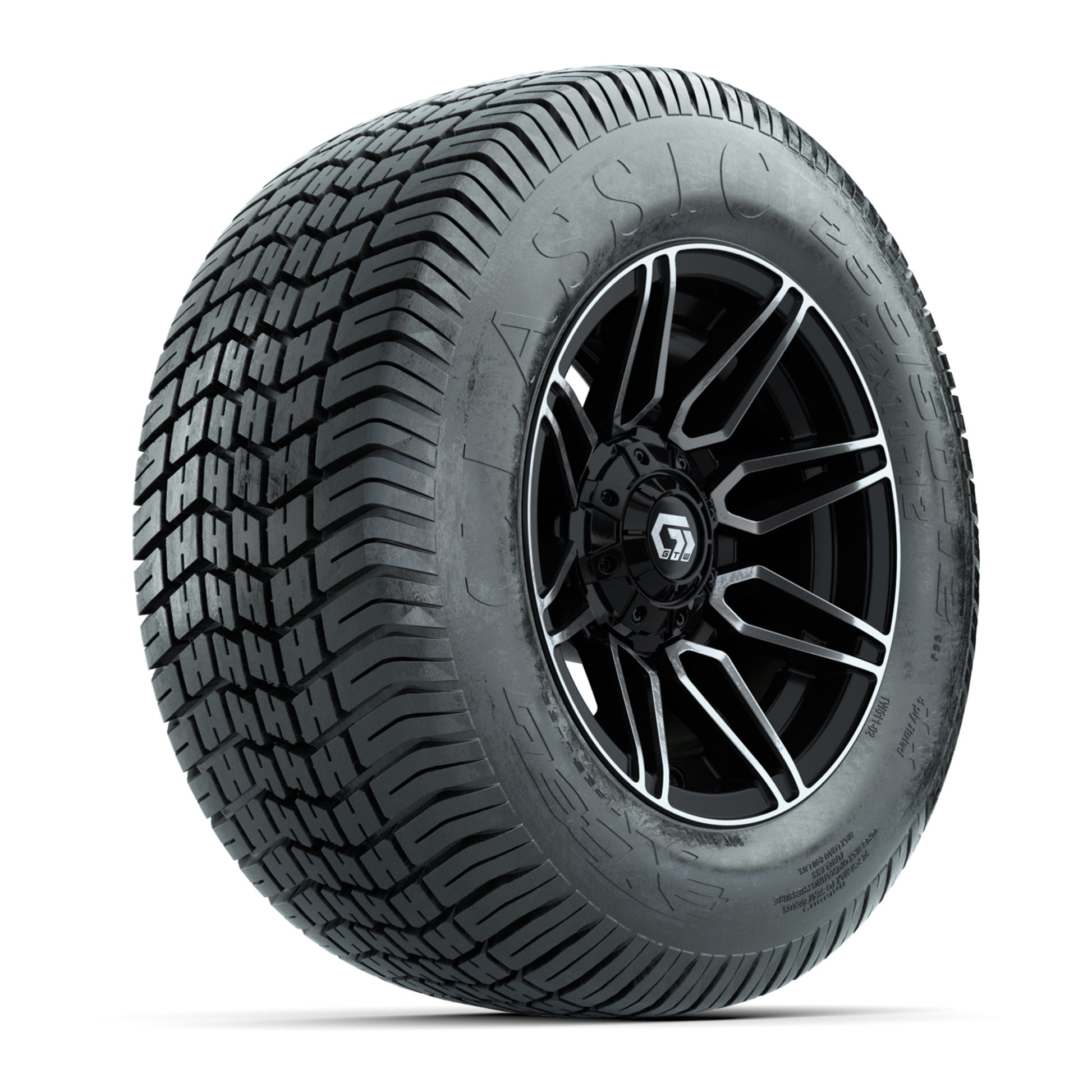 GTW® Stealth Black/Machined 12 in Wheels with 255/50-12 Excel Classic Street Tires – Full Set