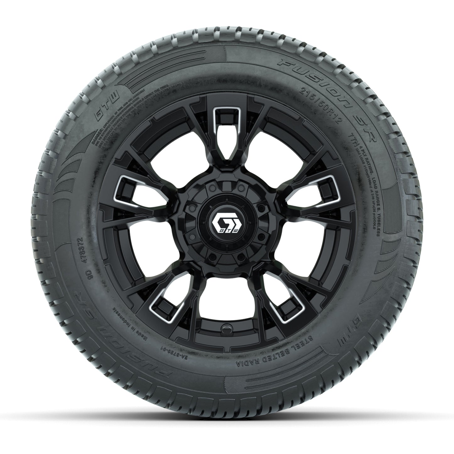 GTW® Vandal Matte Black/Machined 12 in Wheels with 215/50-R12 Fusion S/R Steel Belt Radial Tires – Full Set