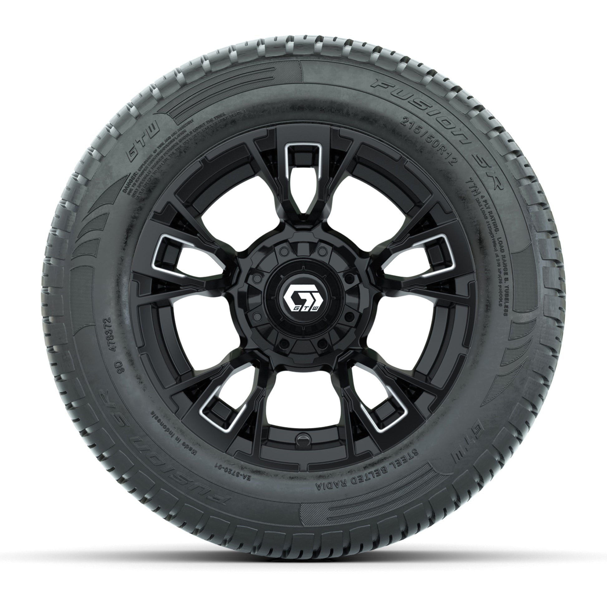 GTW® Vandal Matte Black/Machined 12 in Wheels with 215/50-R12 Fusion S/R Steel Belt Radial Tires – Full Set