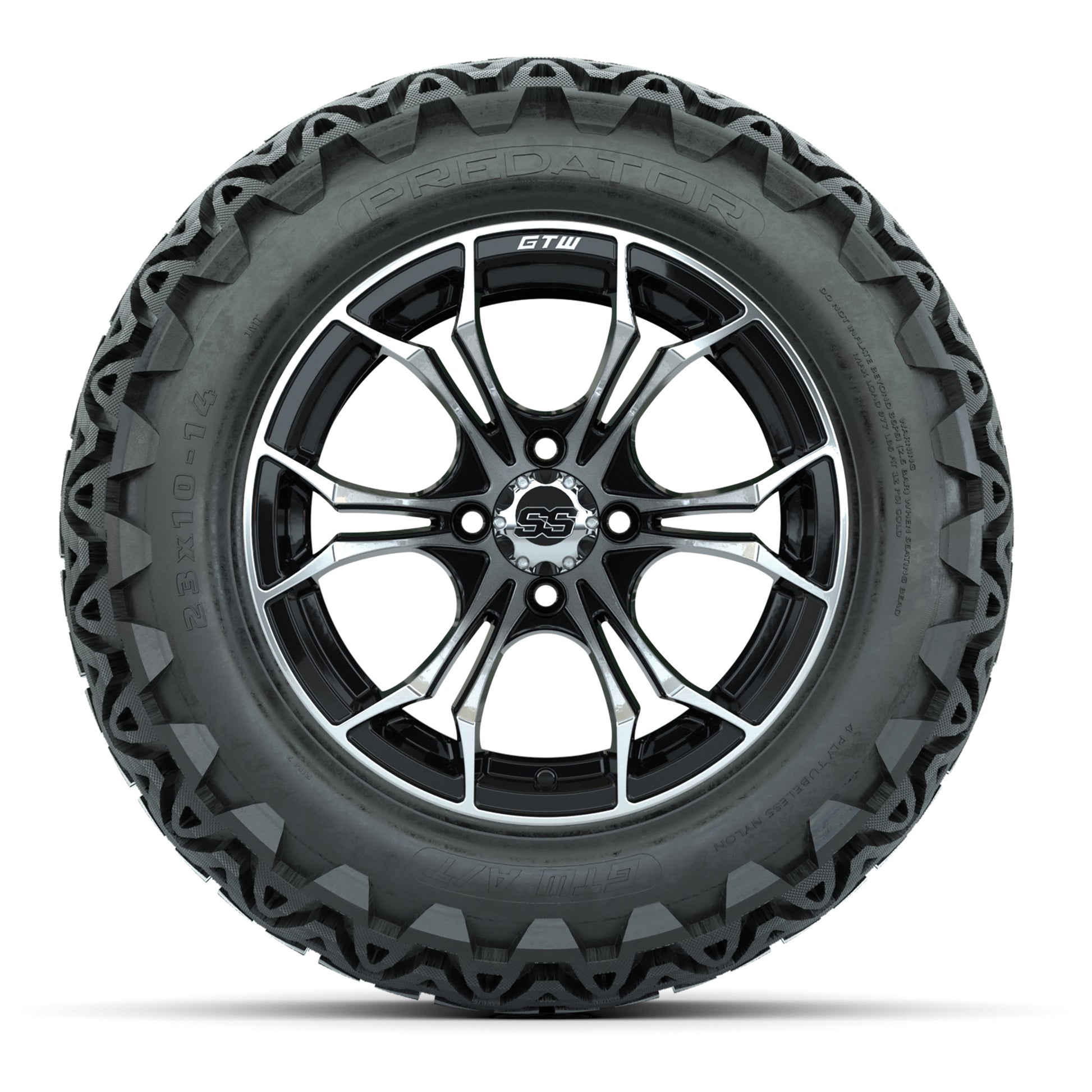 GTW Spyder Machined/Black 14 in Wheels with 23x10-14 GTW Predator All-Terrain Tires – Full Set