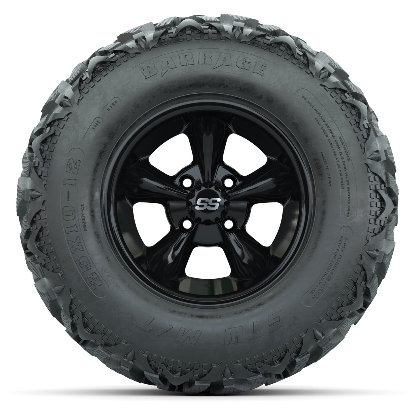 GTW® Godfather Black 12 in Wheels with 25X10-12 Barrage Mud Tires – Full Set
