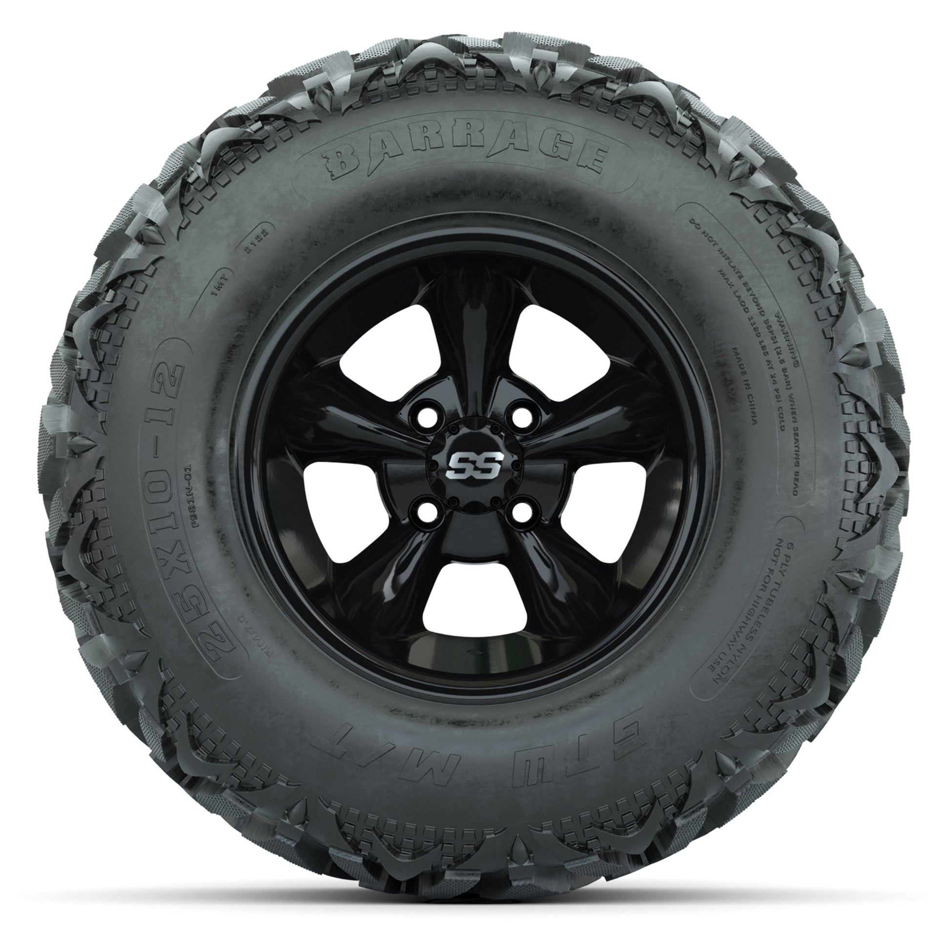 GTW® Godfather Black 12 in Wheels with 25X10-12 Barrage Mud Tires – Full Set