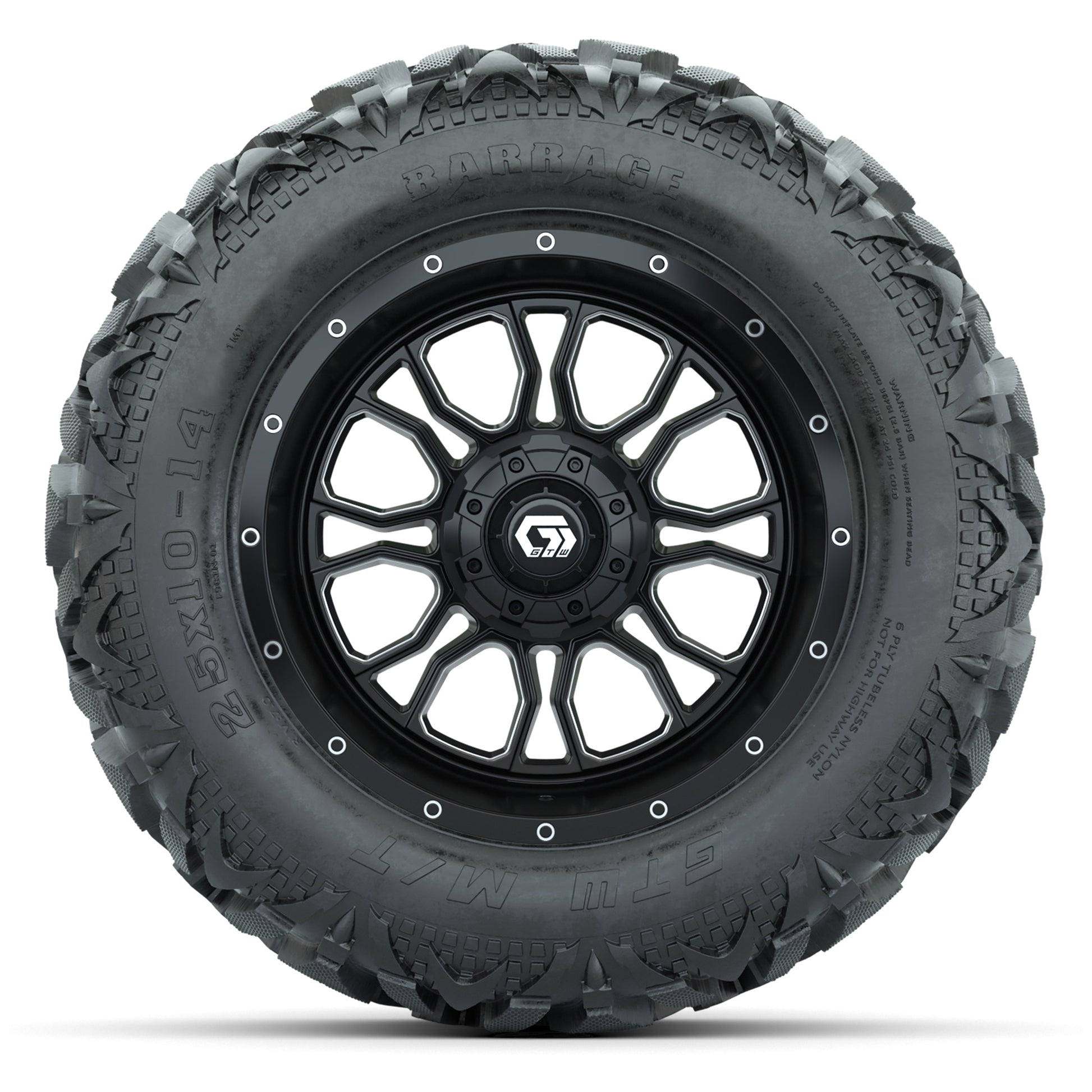 GTW Volt Black/Machined 14 in Wheels with 25x10-14 Barrage Mud Tires – Full Set