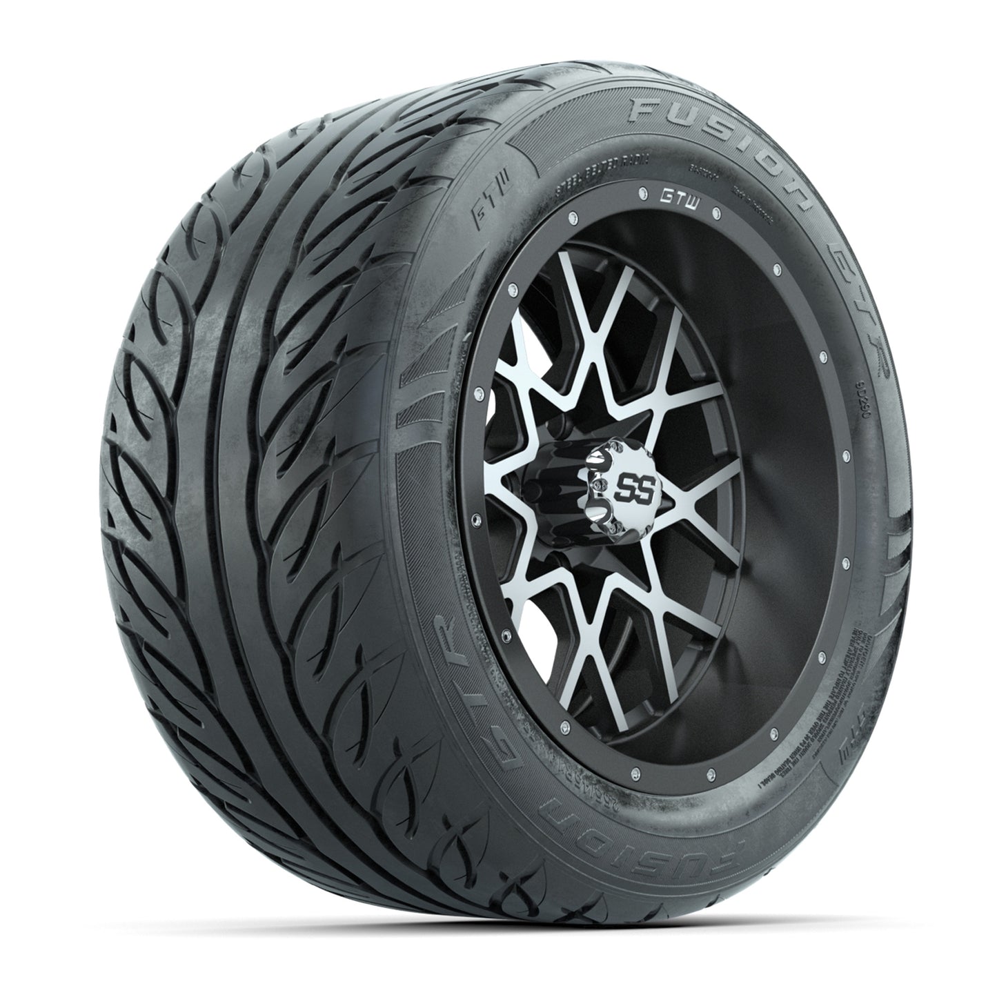 GTW® Vortex 2 Matte Gray/Machined 14 in Wheels with 255/45-R14 Fusion GTR Steel Belt Radial Street Tires – Full Set
